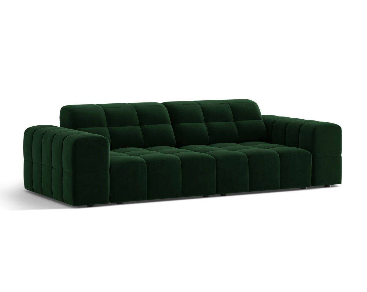 Sofa aksamitna 3-osobowa JENNIFER butelkowa zieleń Bluvel – ujęcie boczne