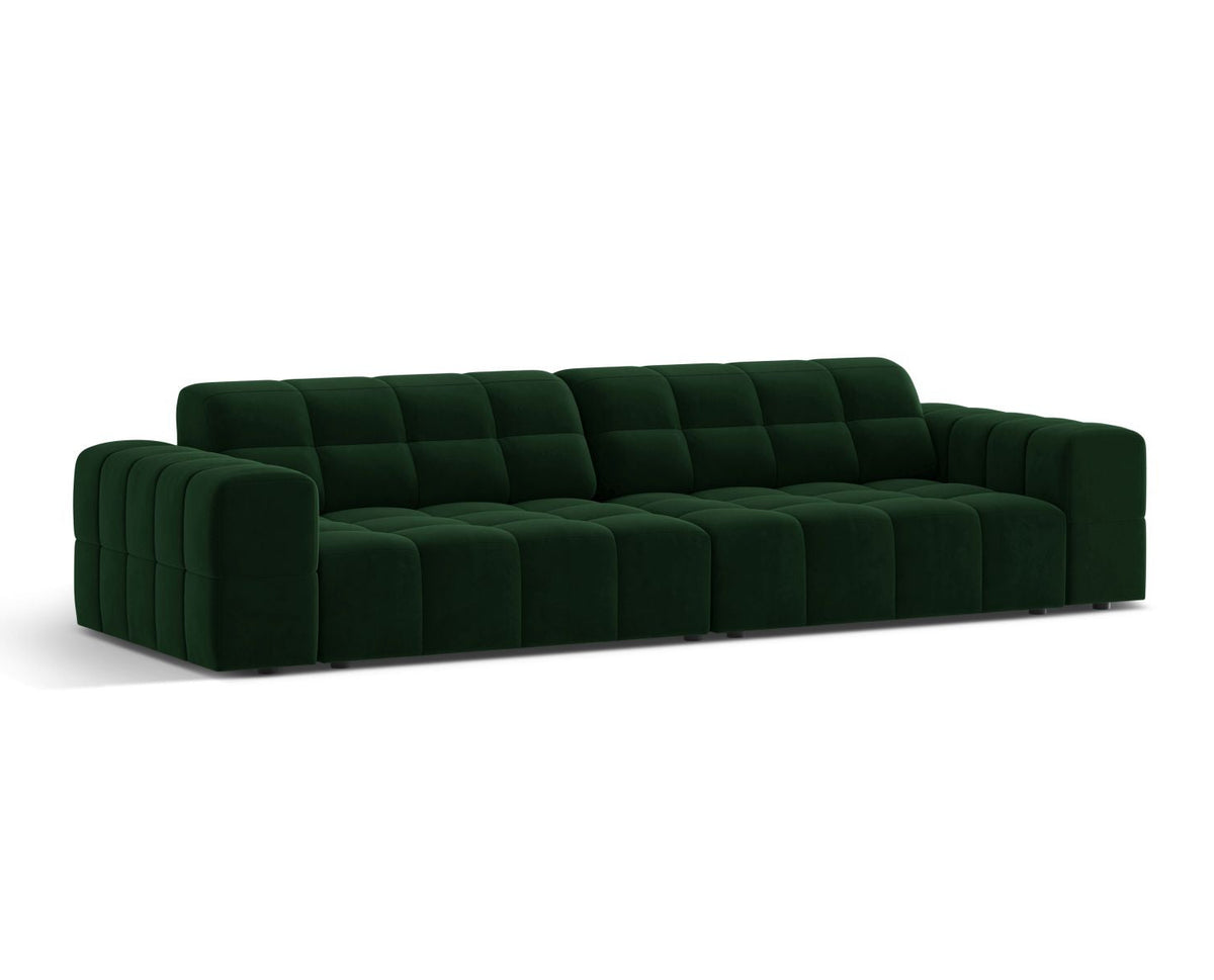 Sofa aksamitna 4-osobowa JENNIFER butelkowa zieleń Bluvel – ujęcie boczne