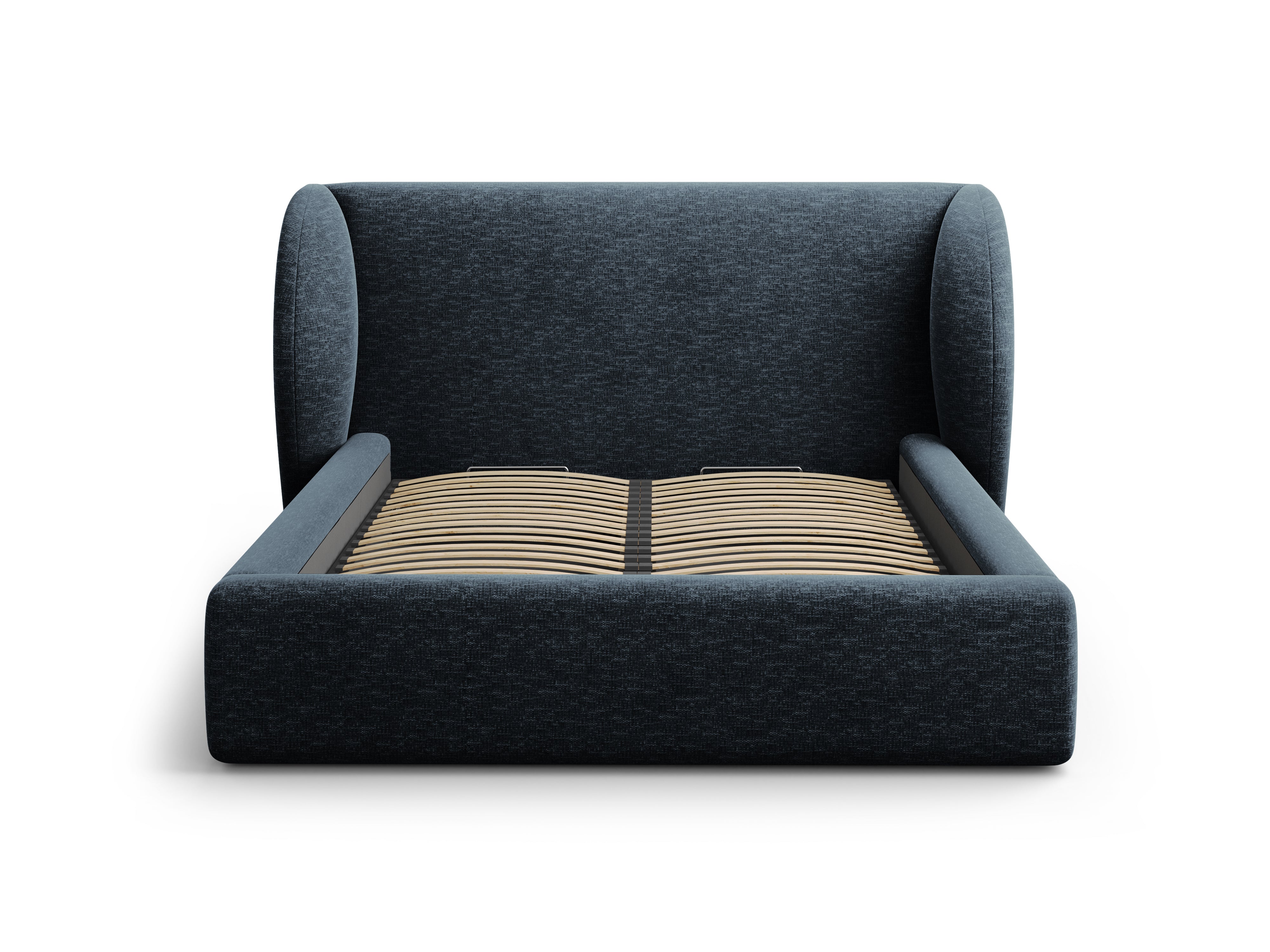 Łóżko w tkaninie szenilowej z pojemnikiem na pościel MILEY granat królewski Micadoni    Eye on Design