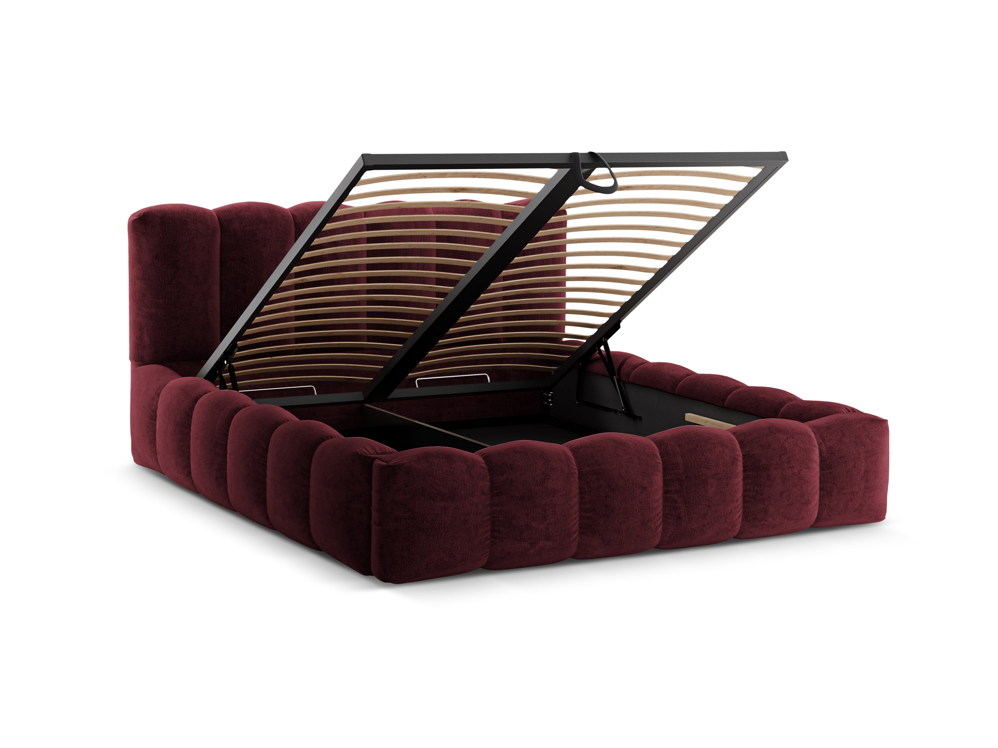 Bett mit Bettkasten LUPINE kirschrot Chenille