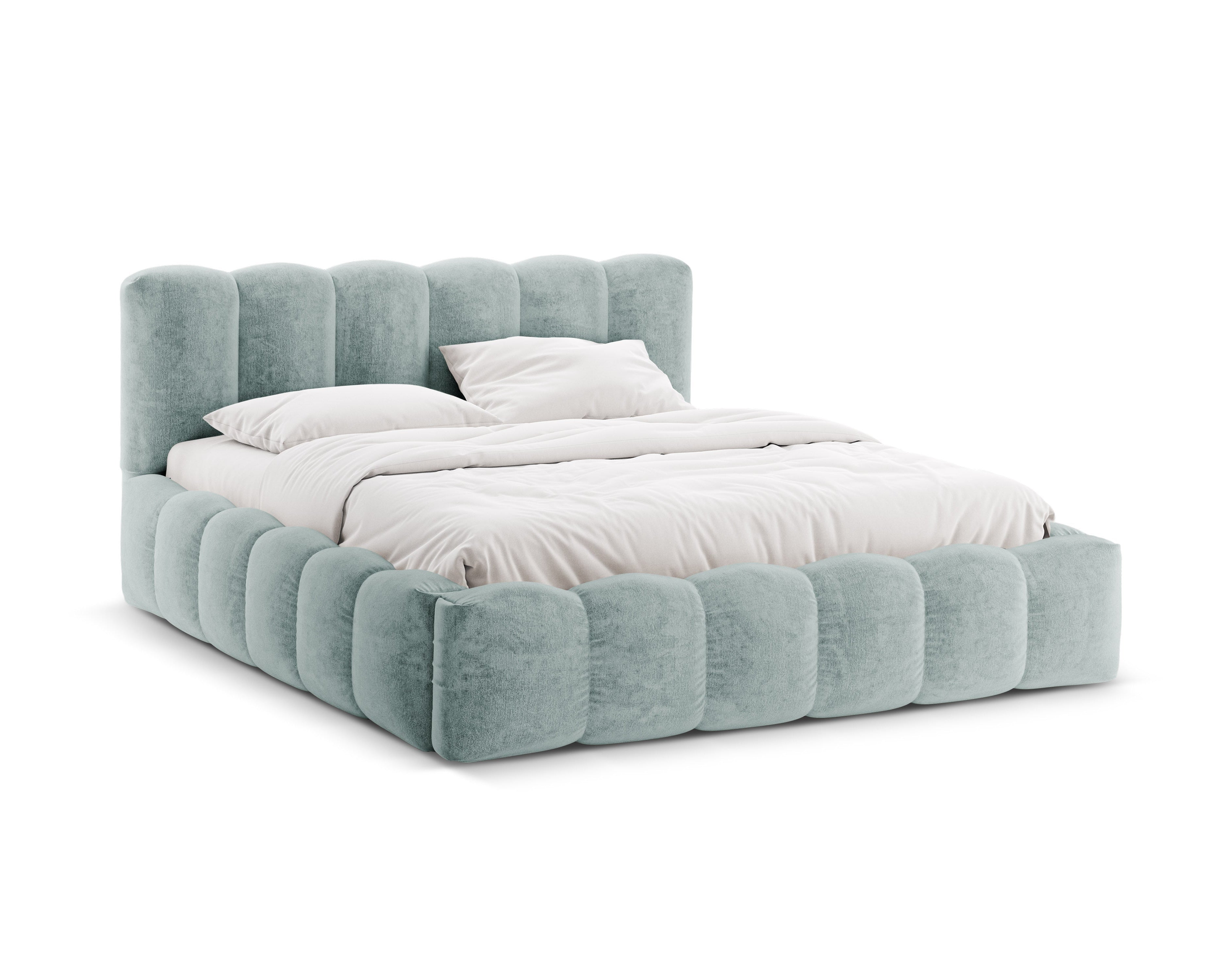 Bett mit Bettkasten LUPINE hellblauer Chenille