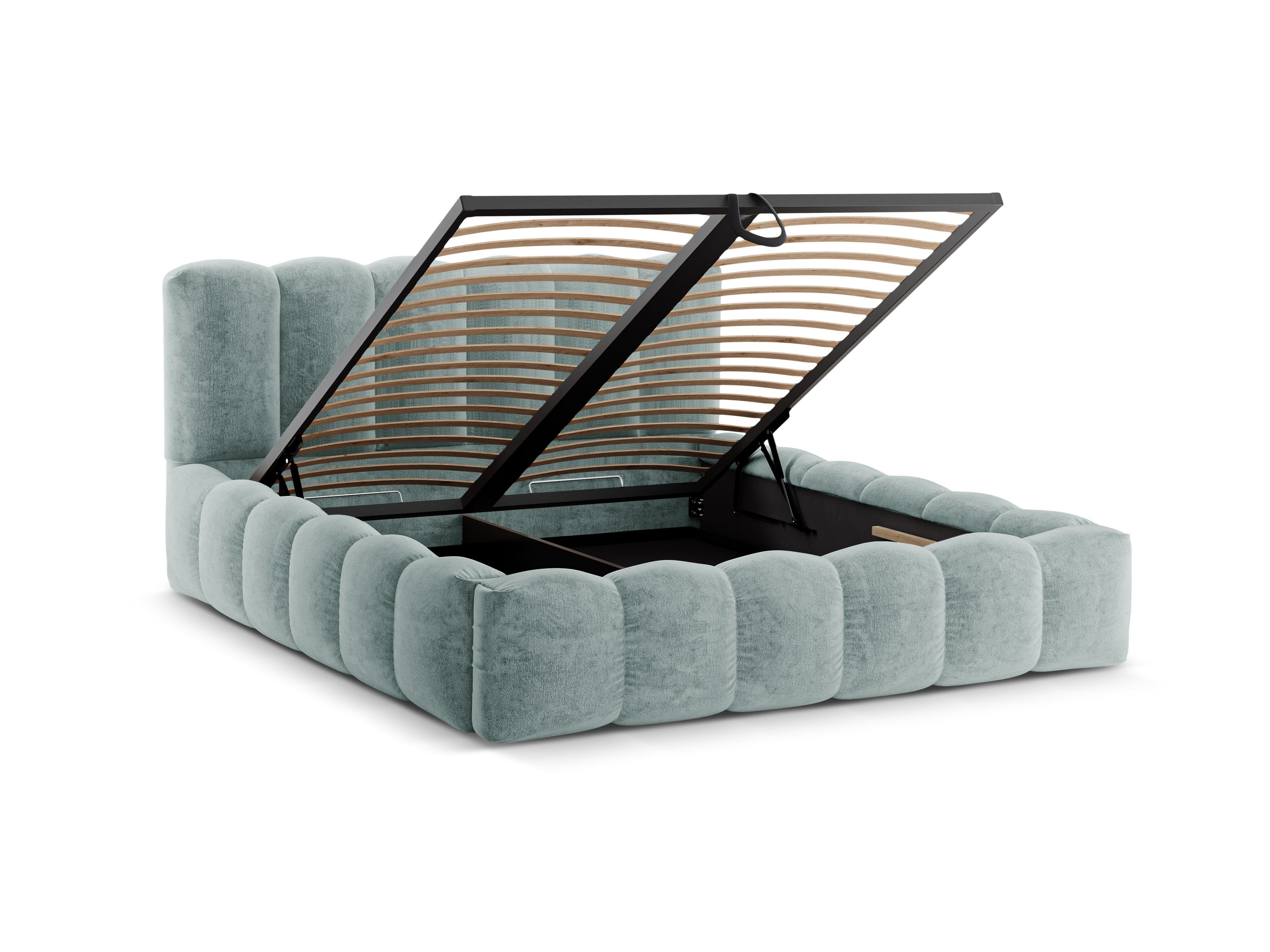 Bett mit Bettkasten LUPINE hellblauer Chenille