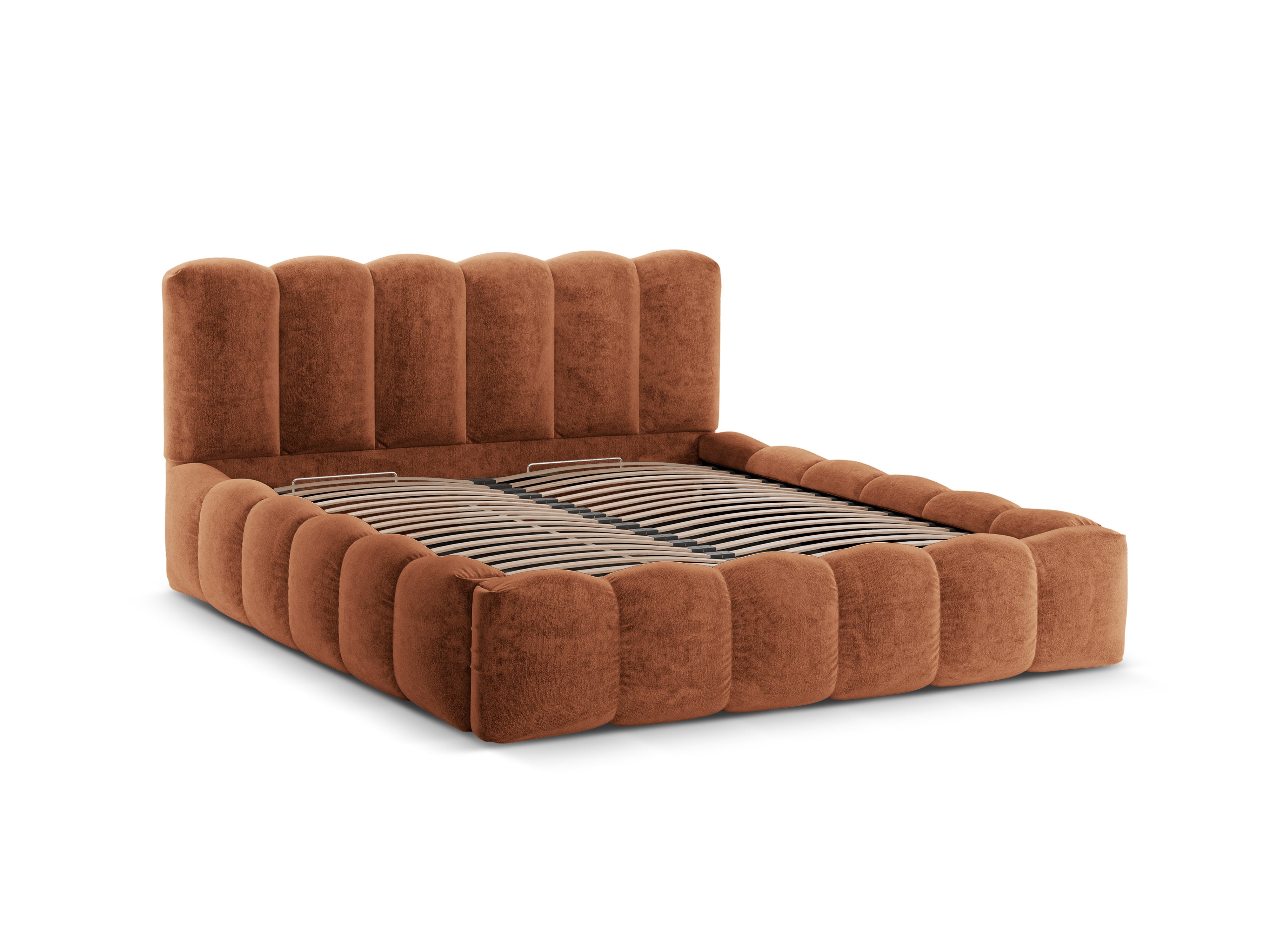 Bett mit Bettkasten LUPINE ziegelrot Chenille