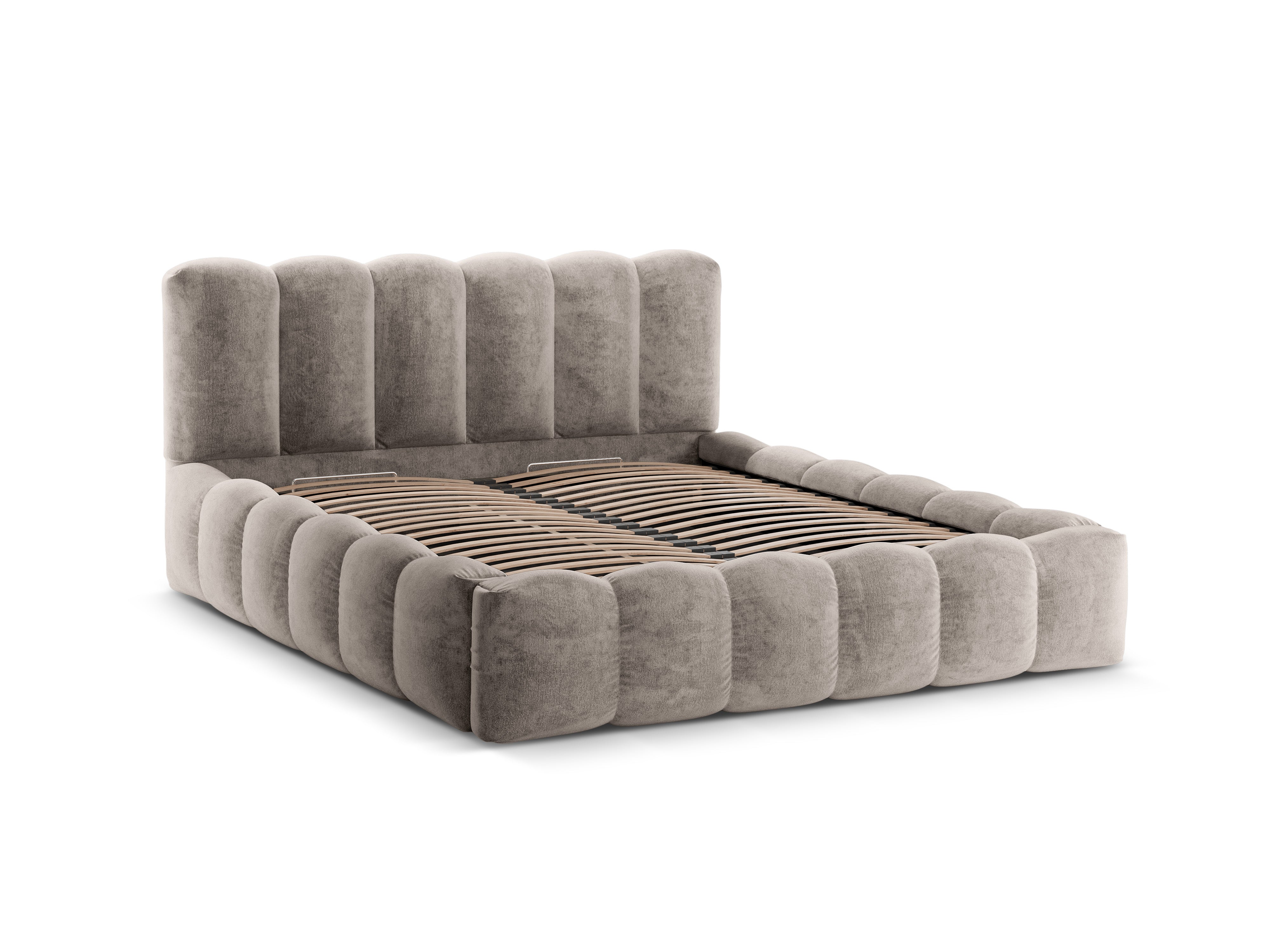 Bett mit Bettkasten LUPINE in dunklem Cappuccino schimmerndem Chenille