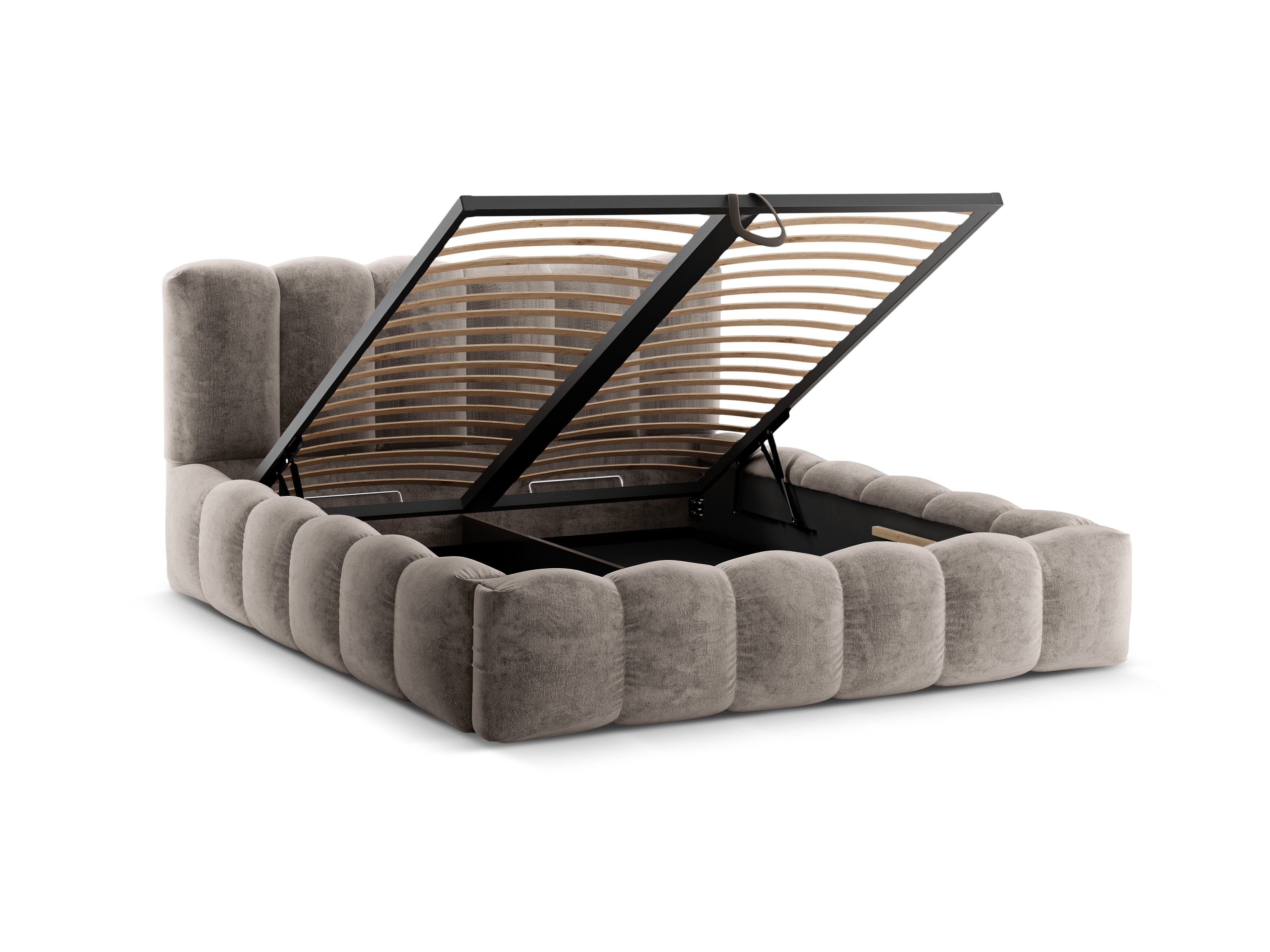 Bett mit Bettkasten LUPINE in dunklem Cappuccino schimmerndem Chenille