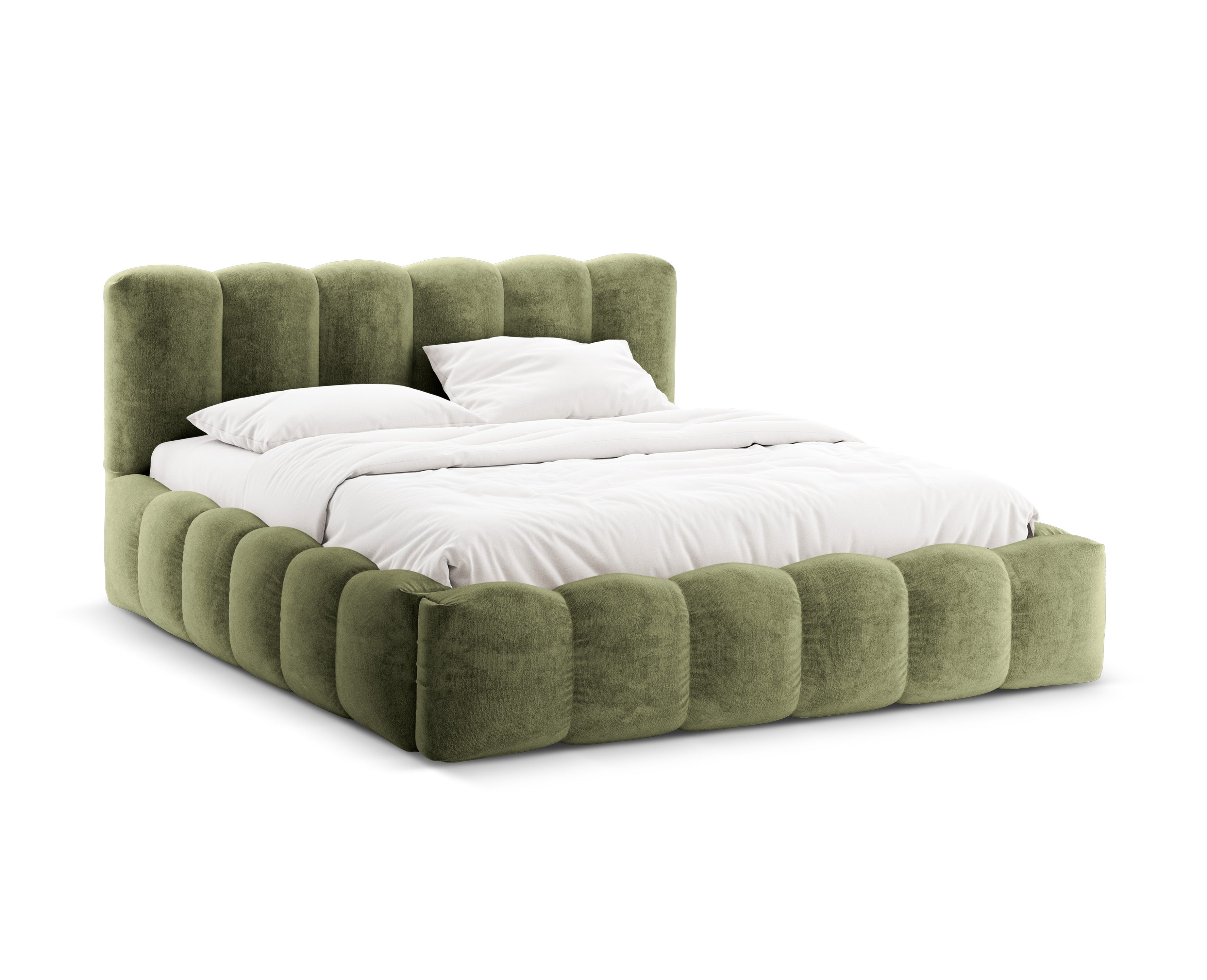 Bett mit Stauraum LUPINE grün schimmernder Chenille