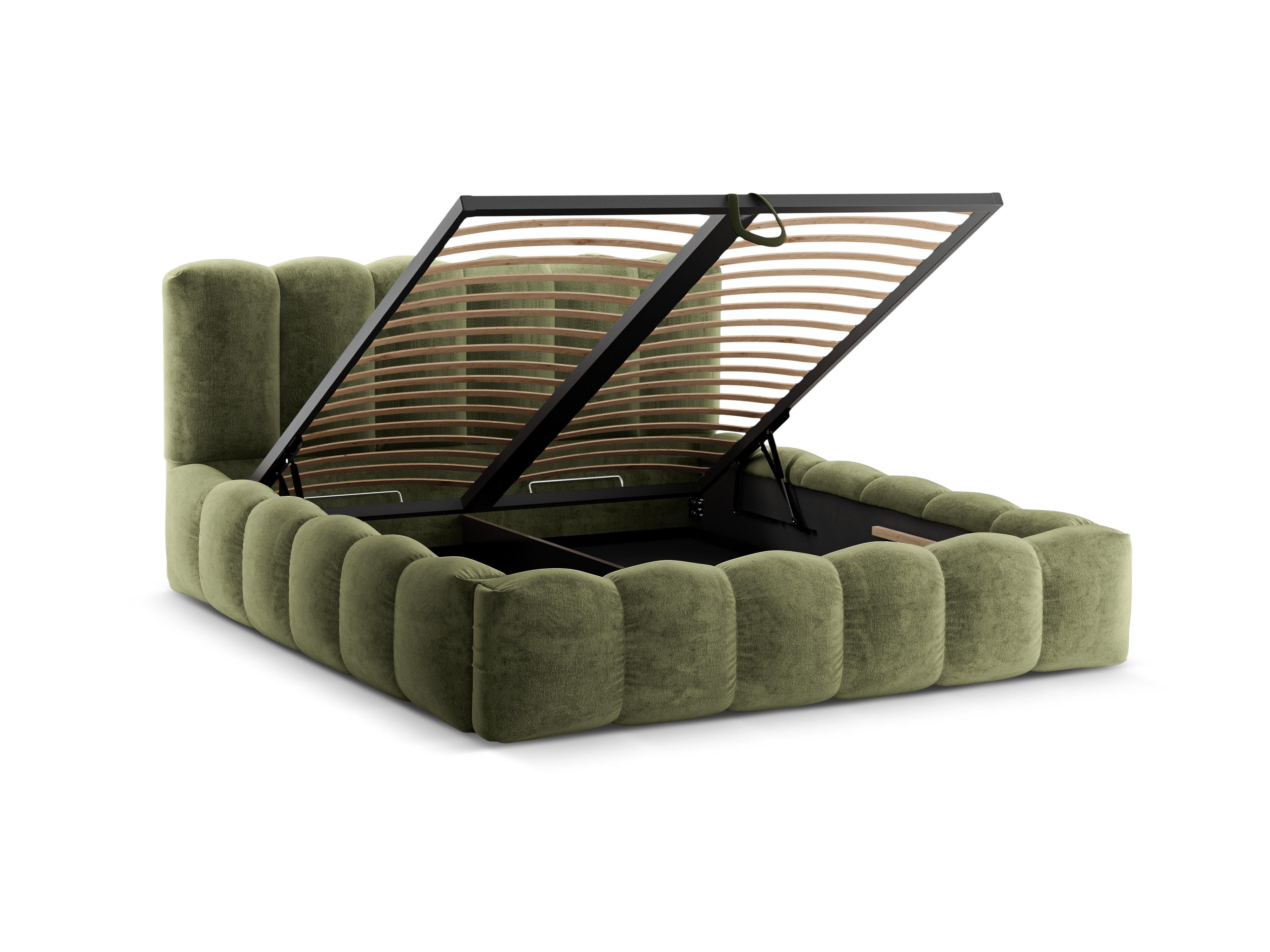 Bett mit Stauraum LUPINE grün schimmernder Chenille