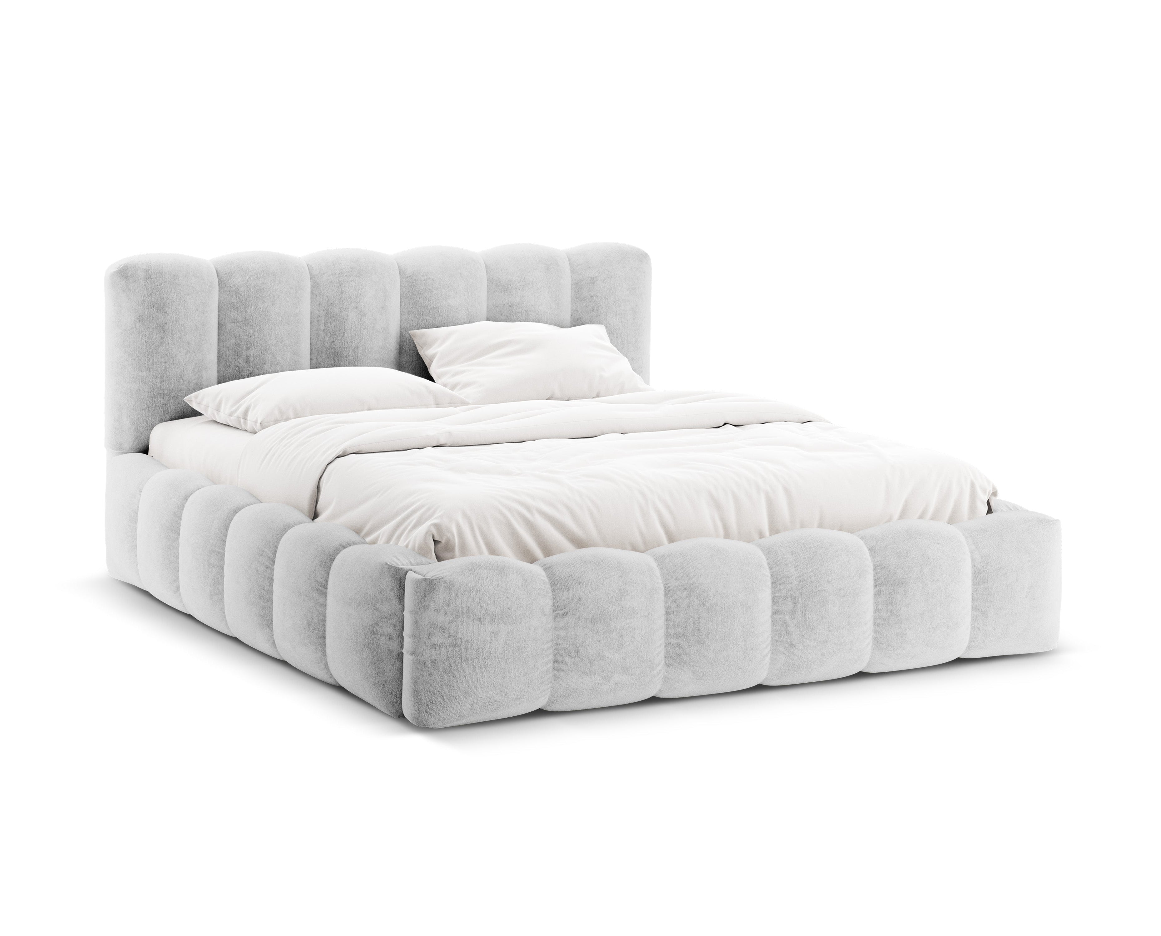 Bett mit Bettkasten LUPINE in silbernem schimmerndem Chenille
