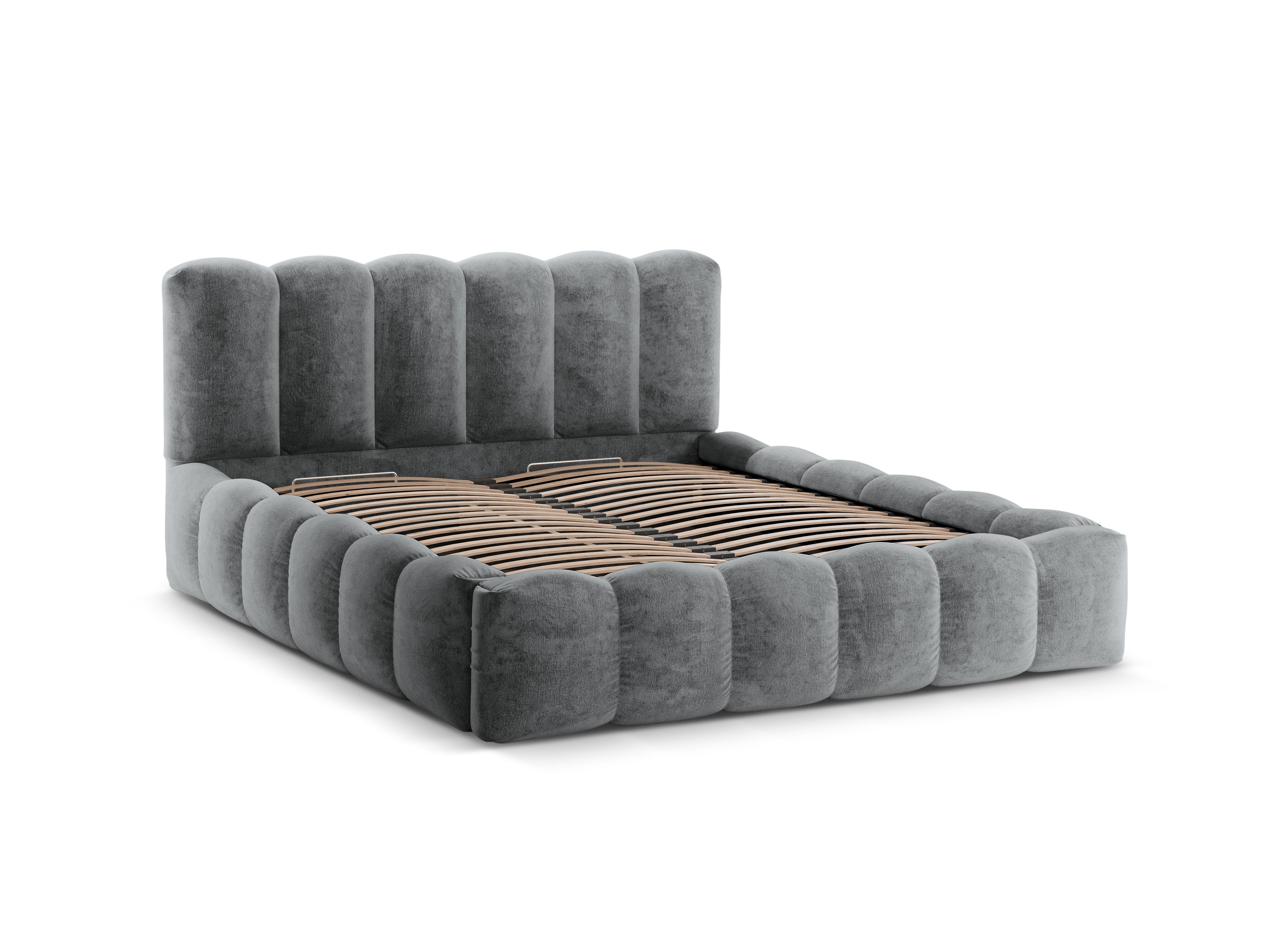 Bett mit Bettkasten LUPINE in platinfarbenem schimmerndem Chenille