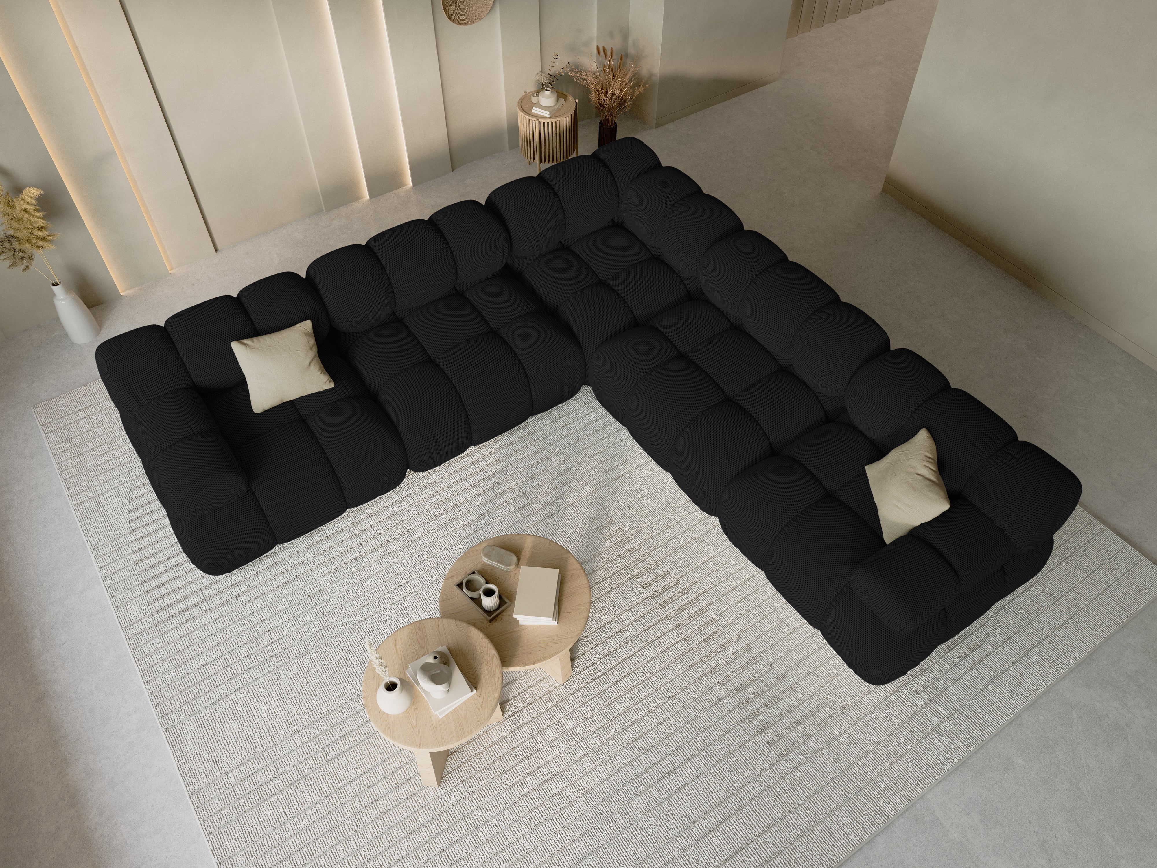 Symmetrische Eckcouch BELLIS in schwarzem 3D-Stoff