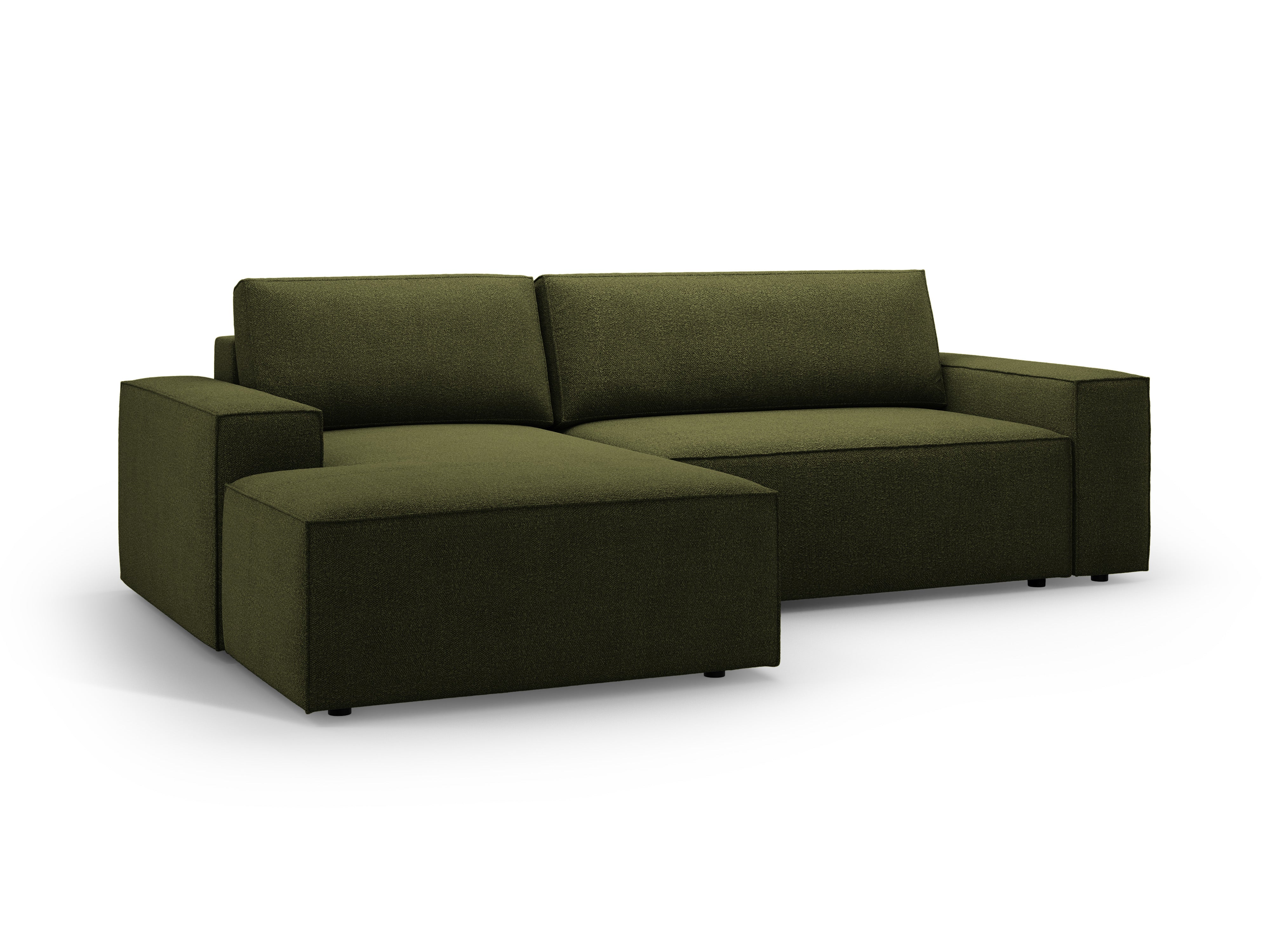 Left-facing corner sofa bed JODIE in dark olive green boucle