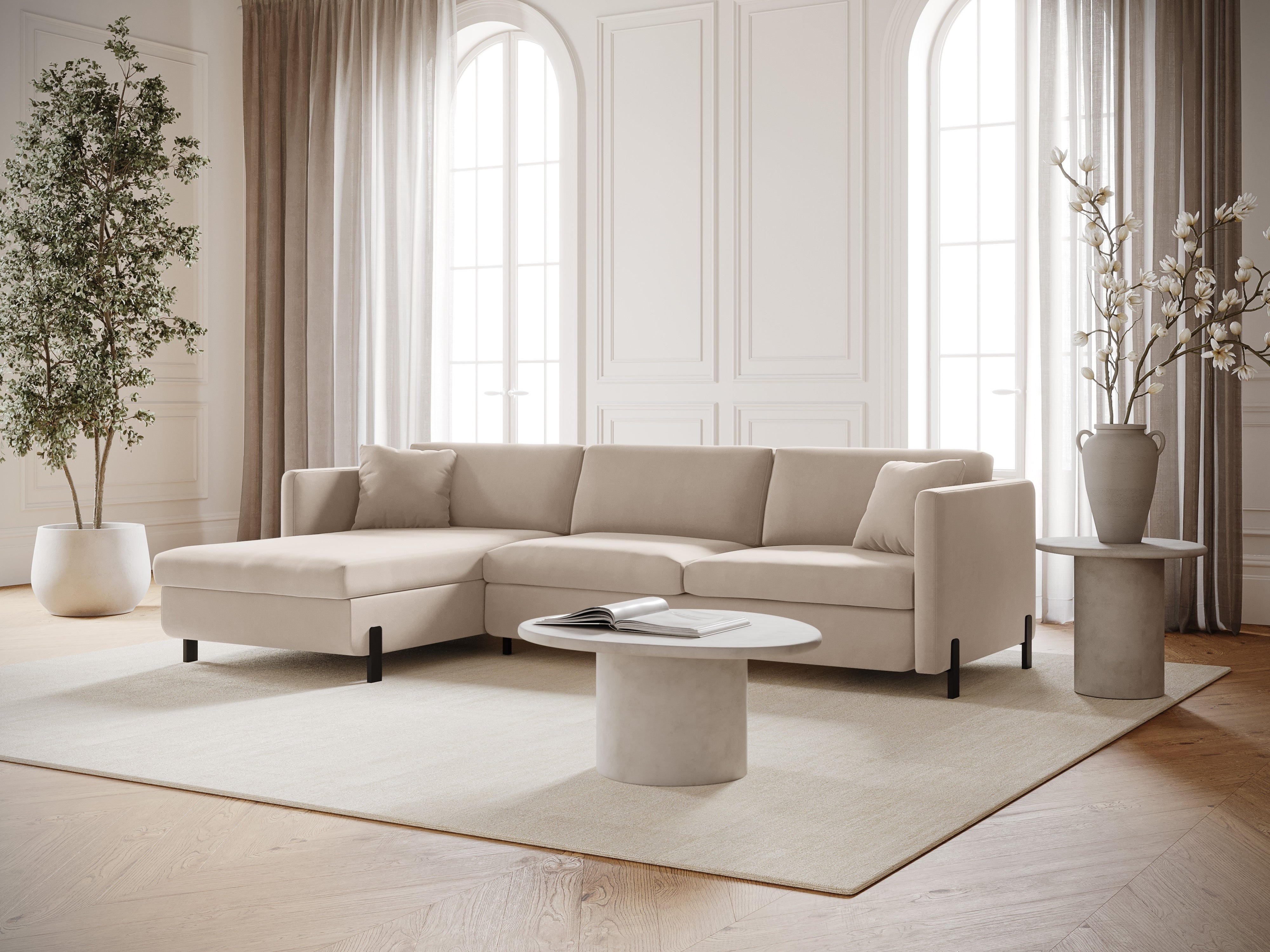 Velvet Left Corner Sofa with Bed Function, "Gloria", 5 Seats, Beige, 280x170x80
Made in Europe