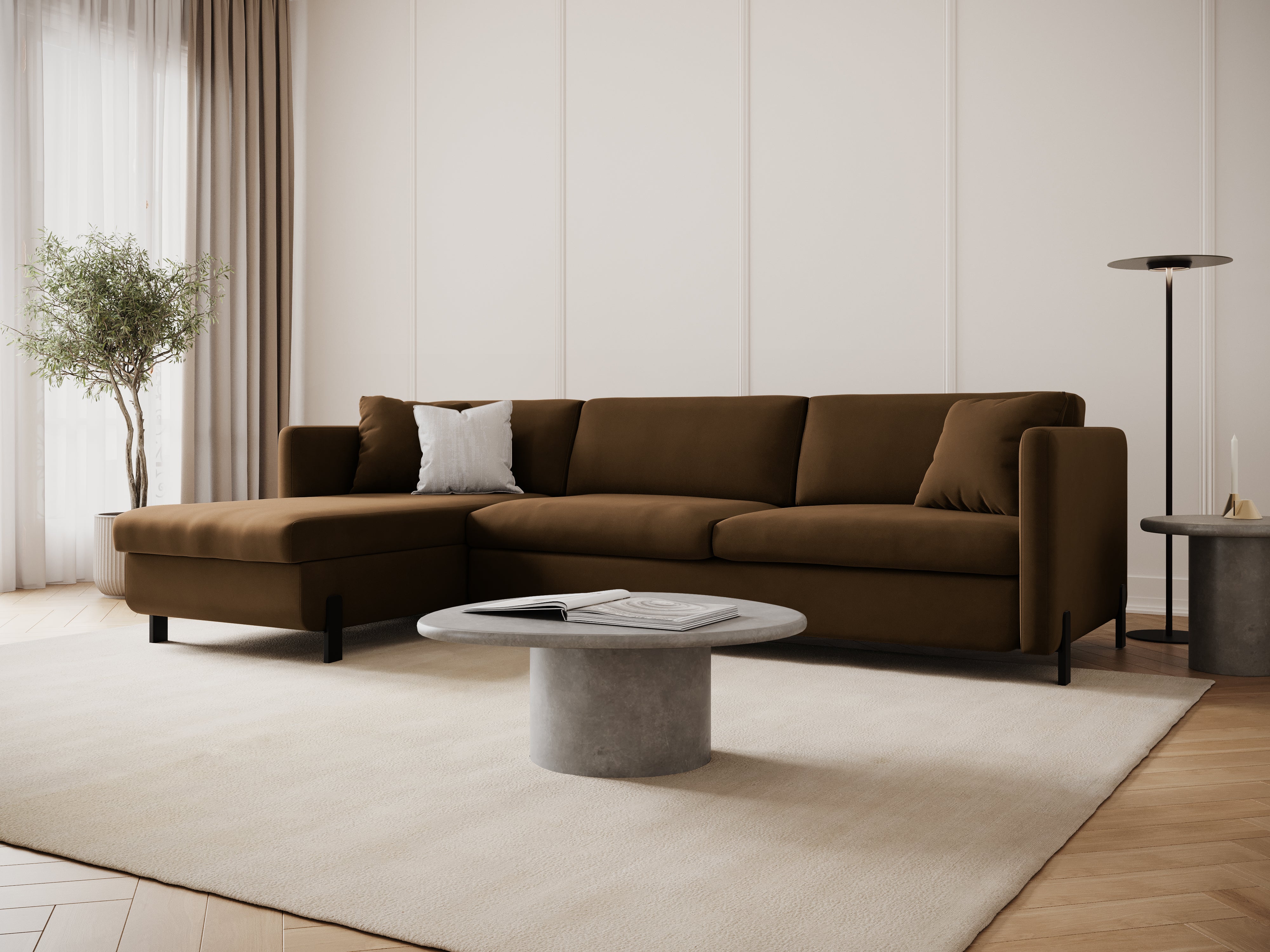 Velvet Left Corner Sofa with Bed Function, "Gloria", 5 Seats, Chocolate, 280x170x80
Made in Europe