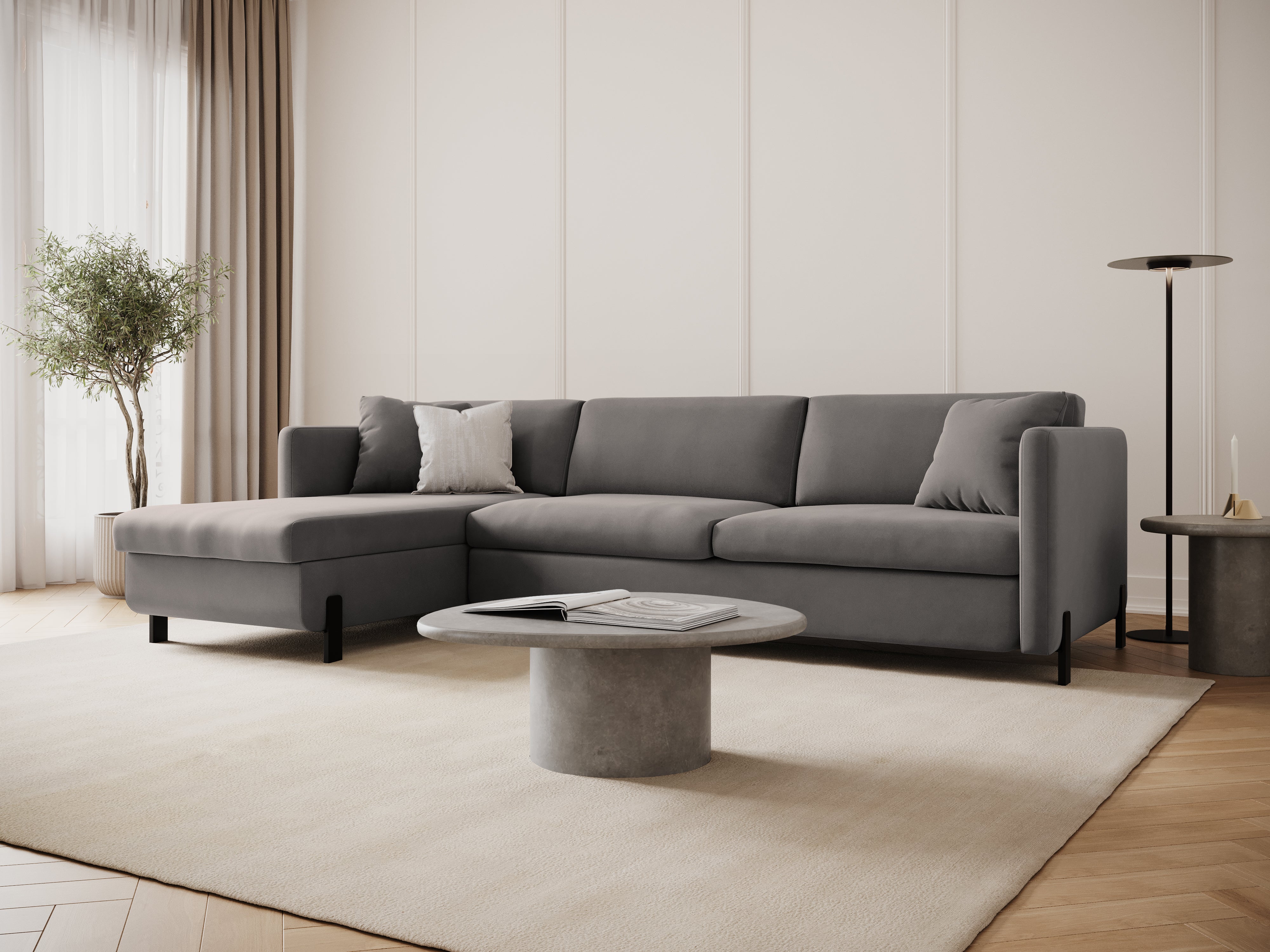 Velvet Left Corner Sofa with Bed Function, "Gloria", 5 Seats, Gray, 280x170x80
Made in Europe