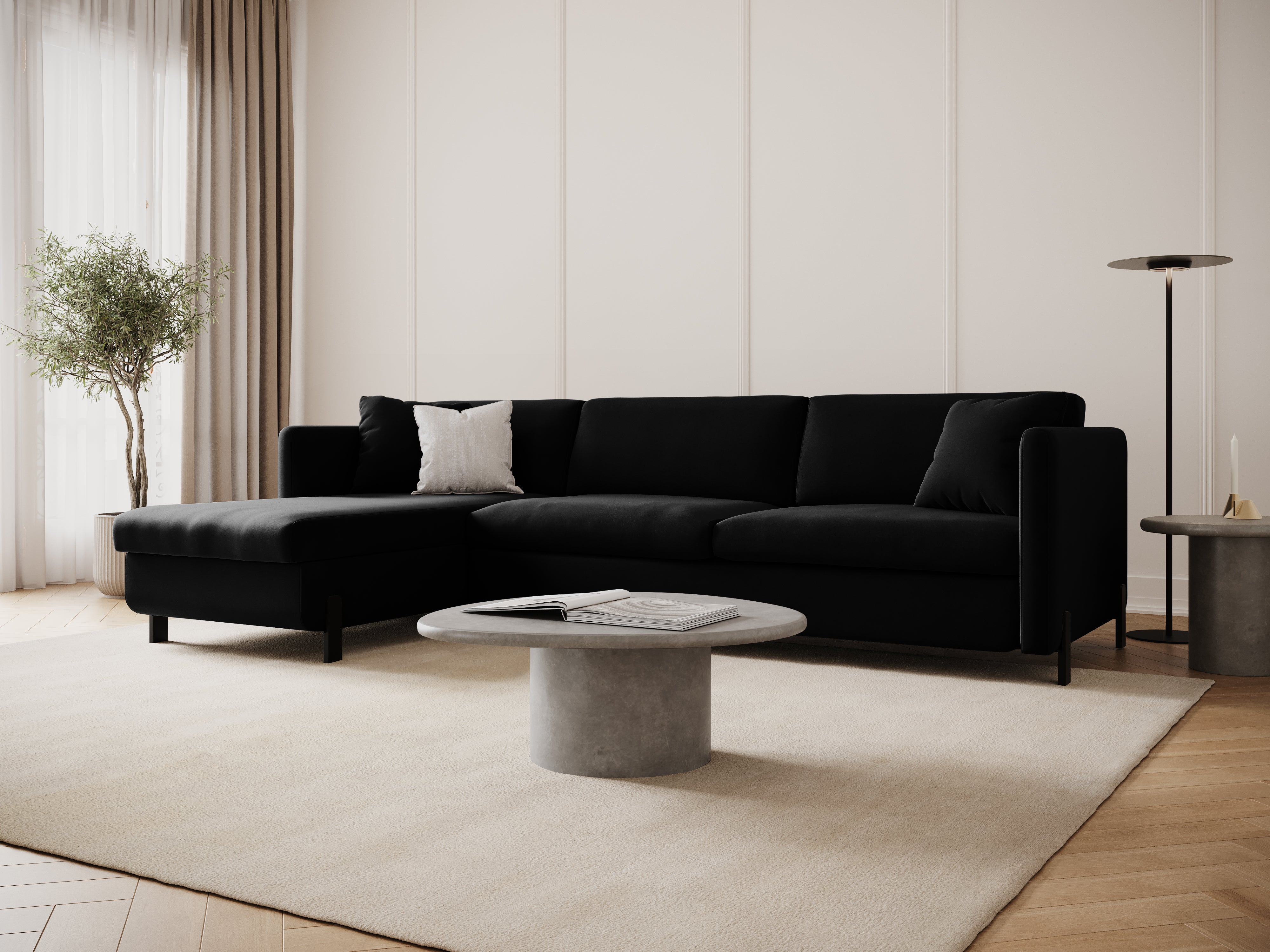 Velvet Left Corner Sofa with Bed Function, "Gloria", 5 Seats, Black, 280x170x80
Made in Europe