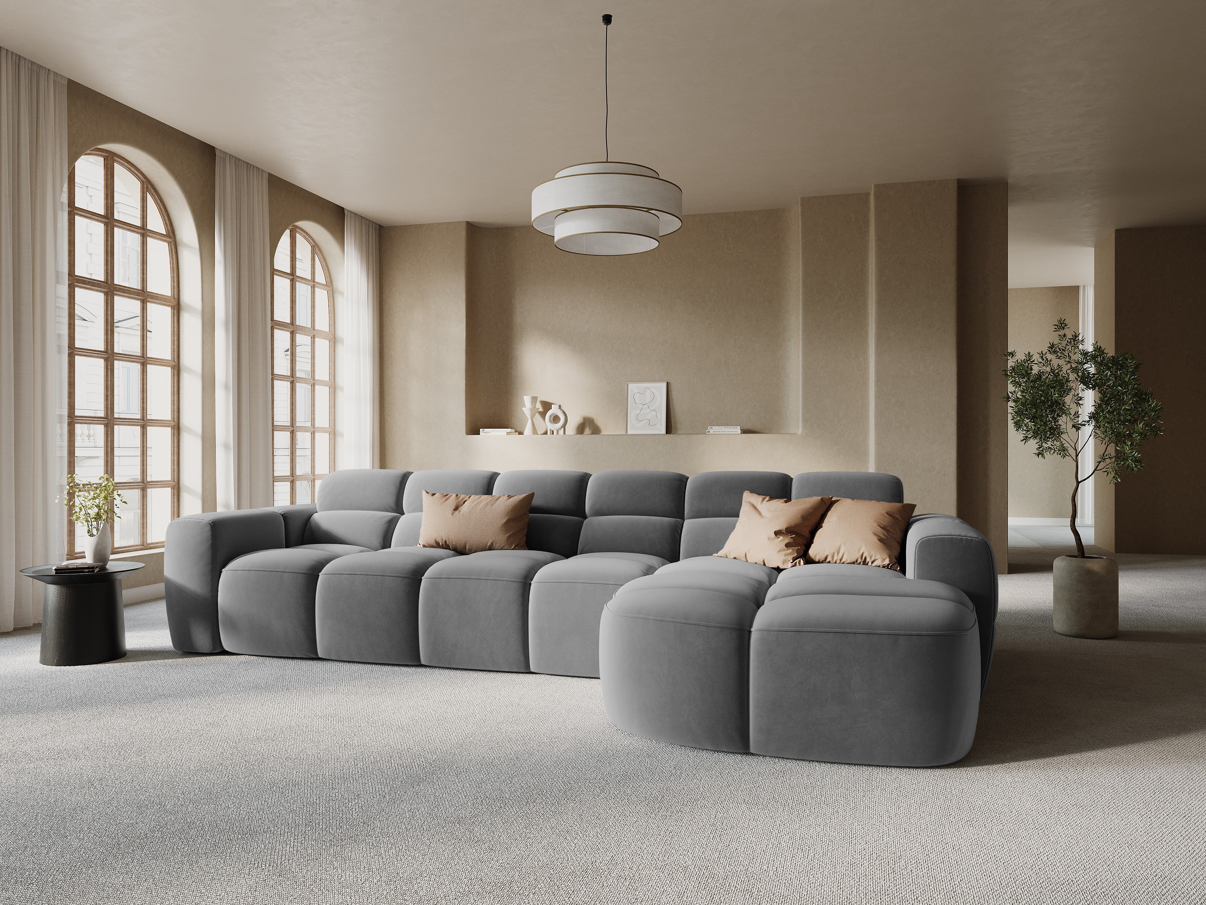 Right-facing velvet corner sofa LISA light gray [Monika] [Julia spr]