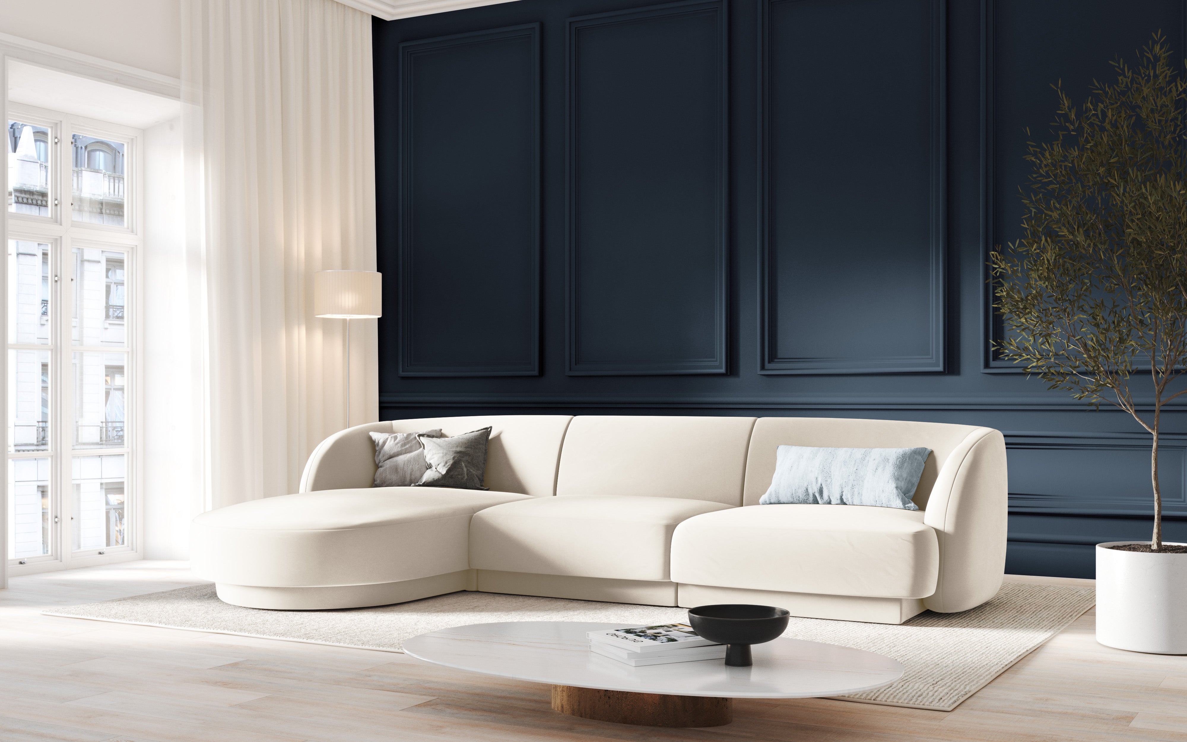 4-sitziges rechteckiges Ecksofa MILEY Elfenbein Chenille