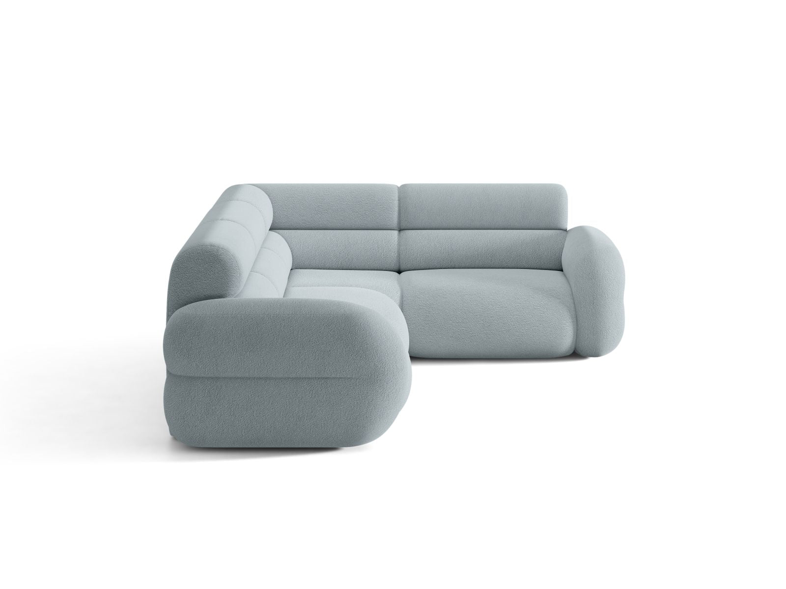 Rechtsseitige L-förmige Eckcouch NEO in himmelblauem Boucle.