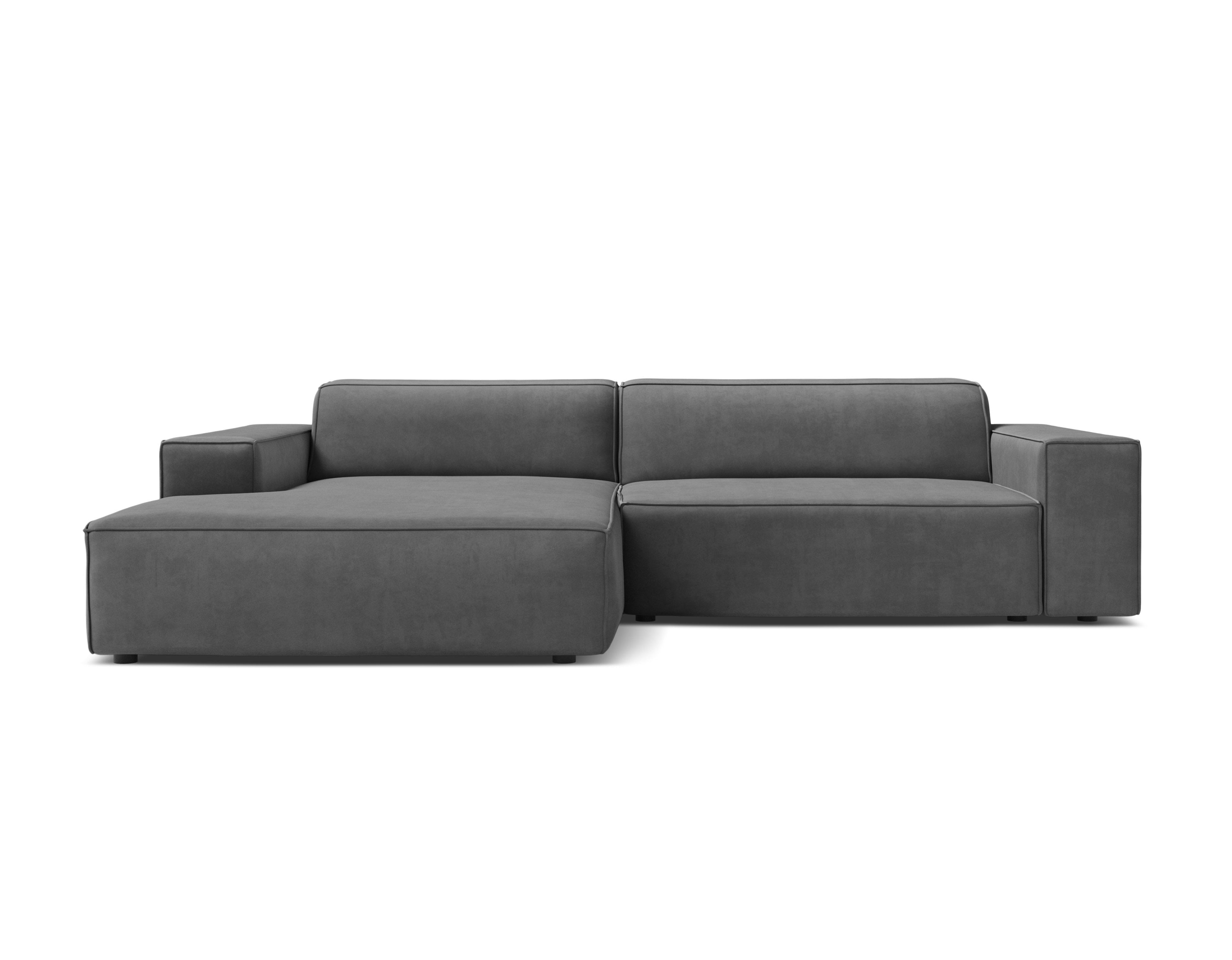 Dreisitzer-Ecksofa JODIE in dunkelgrauem Samt, linksseitig.