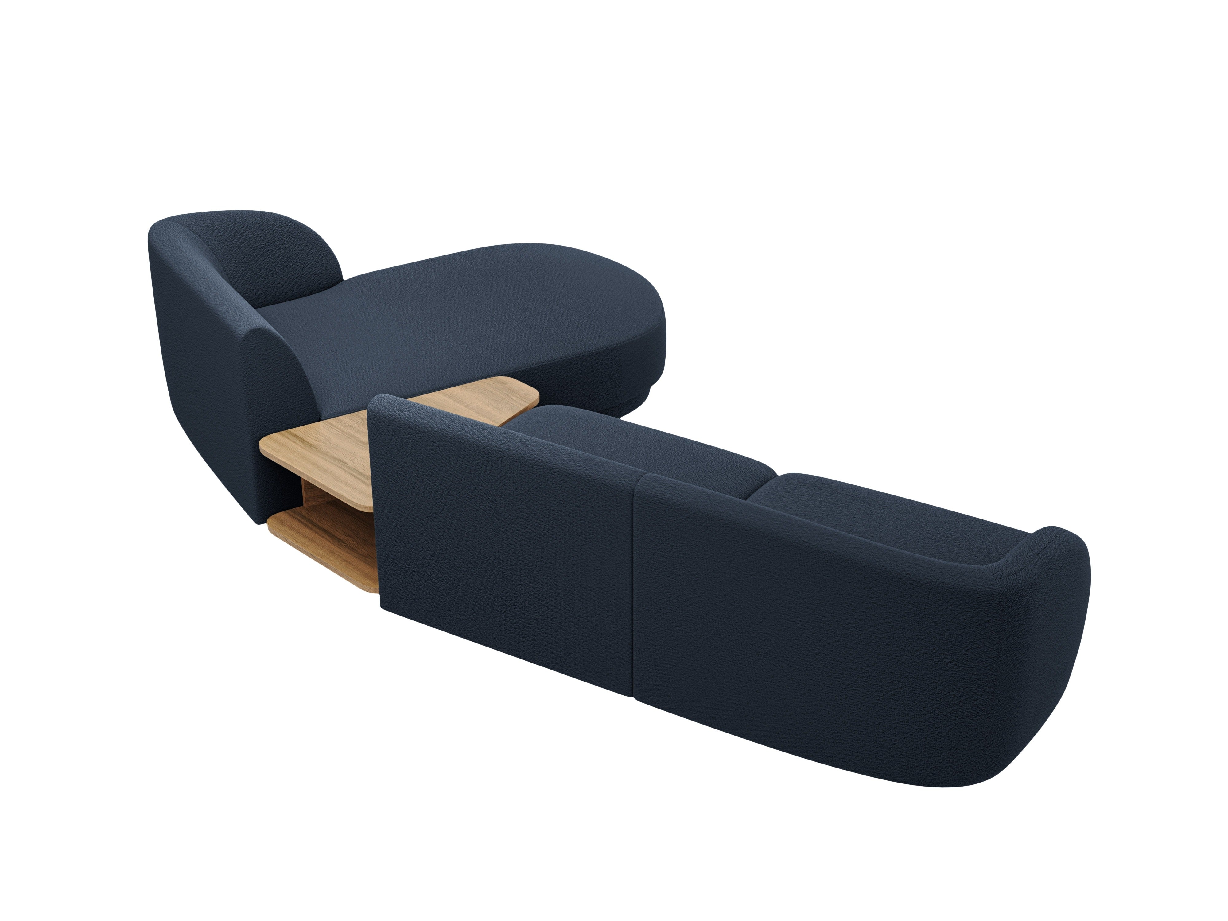 Modulares Ecksofa mit Tisch, 3-Sitzer, rechtsseitig, MILEY, dunkelblaues Boucle