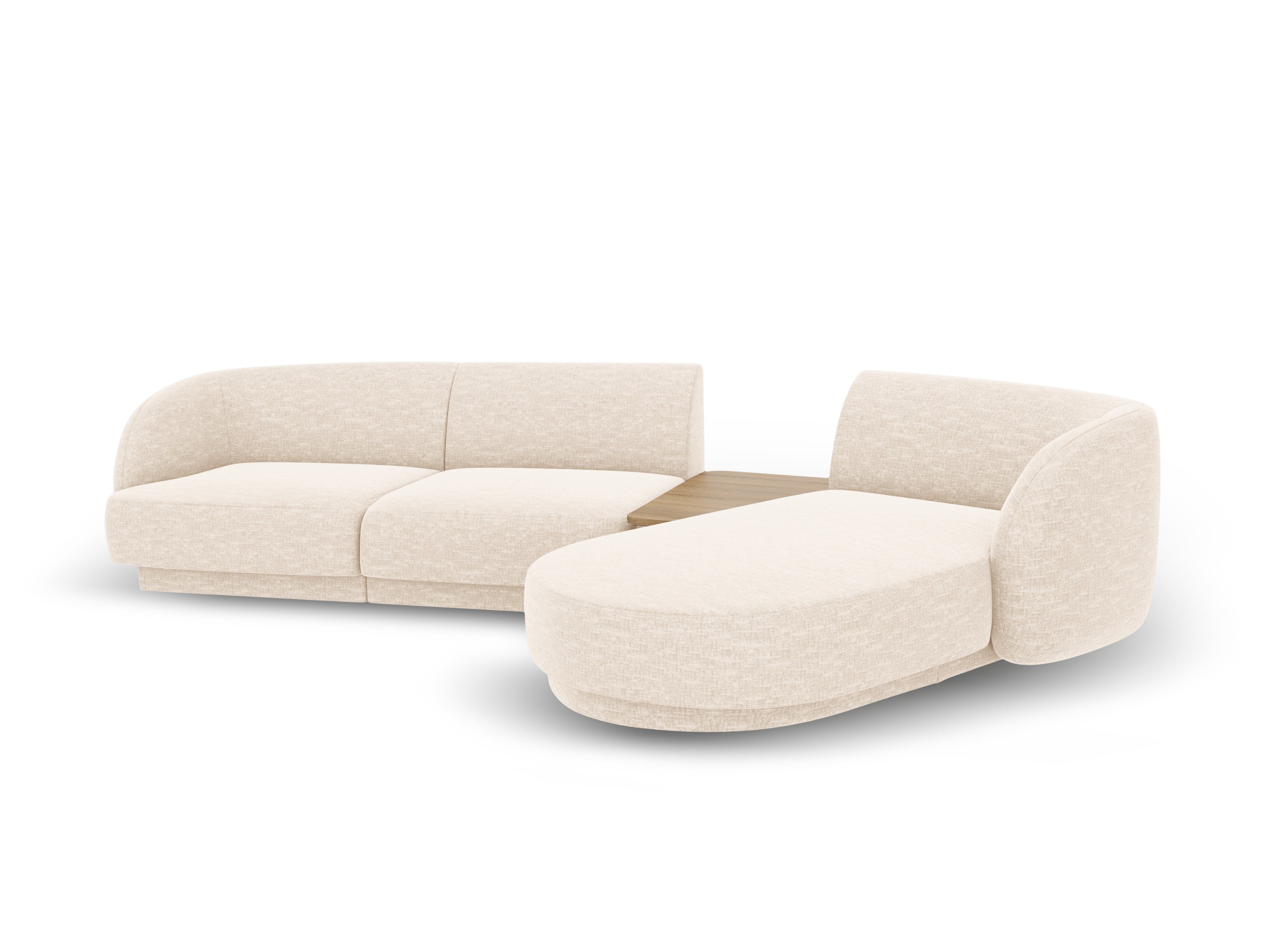 Modular corner sofa with table 3-seater right-hand MILEY light beige silky chenille