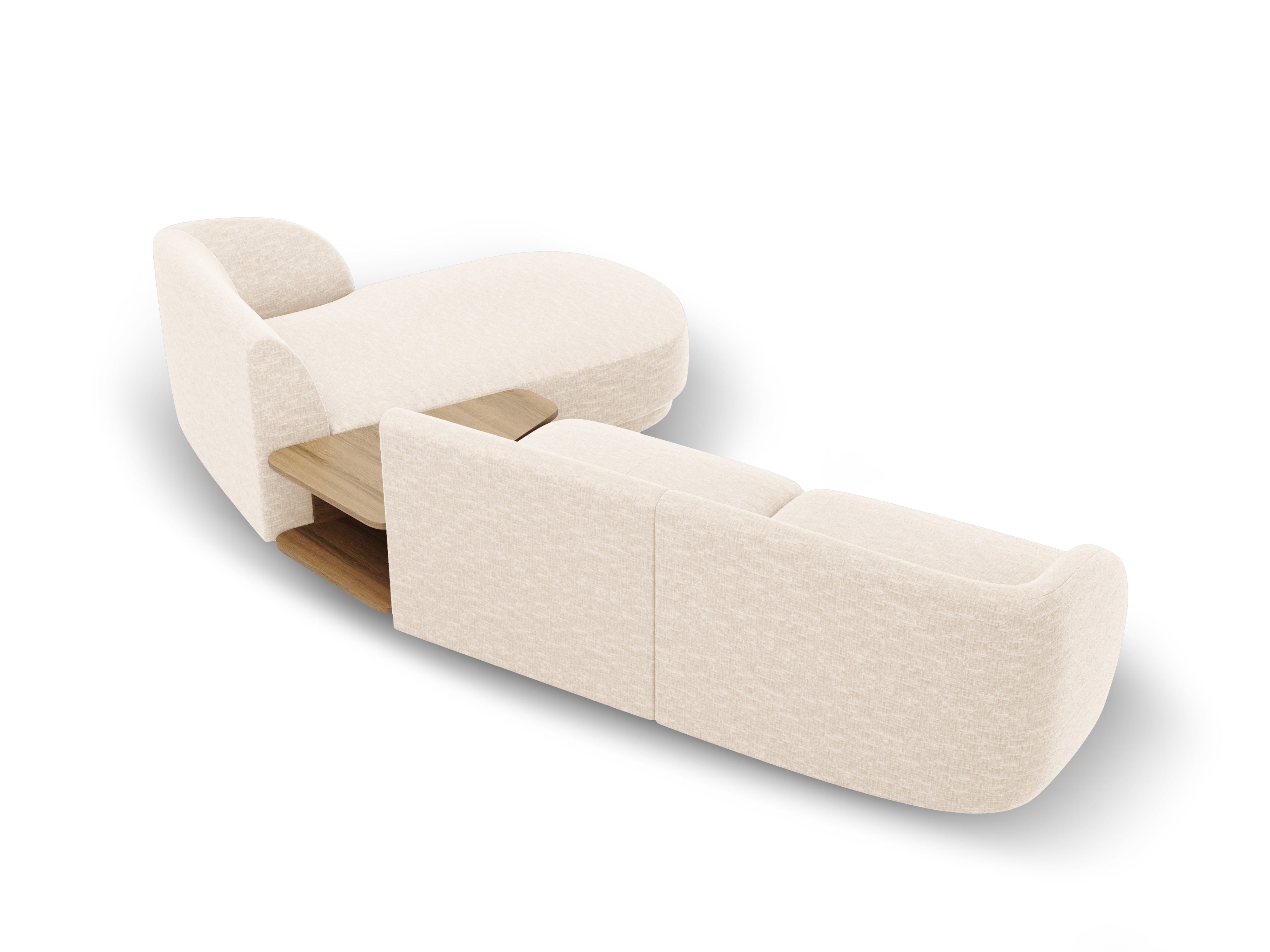 Modular corner sofa with table 3-seater right-hand MILEY light beige silky chenille