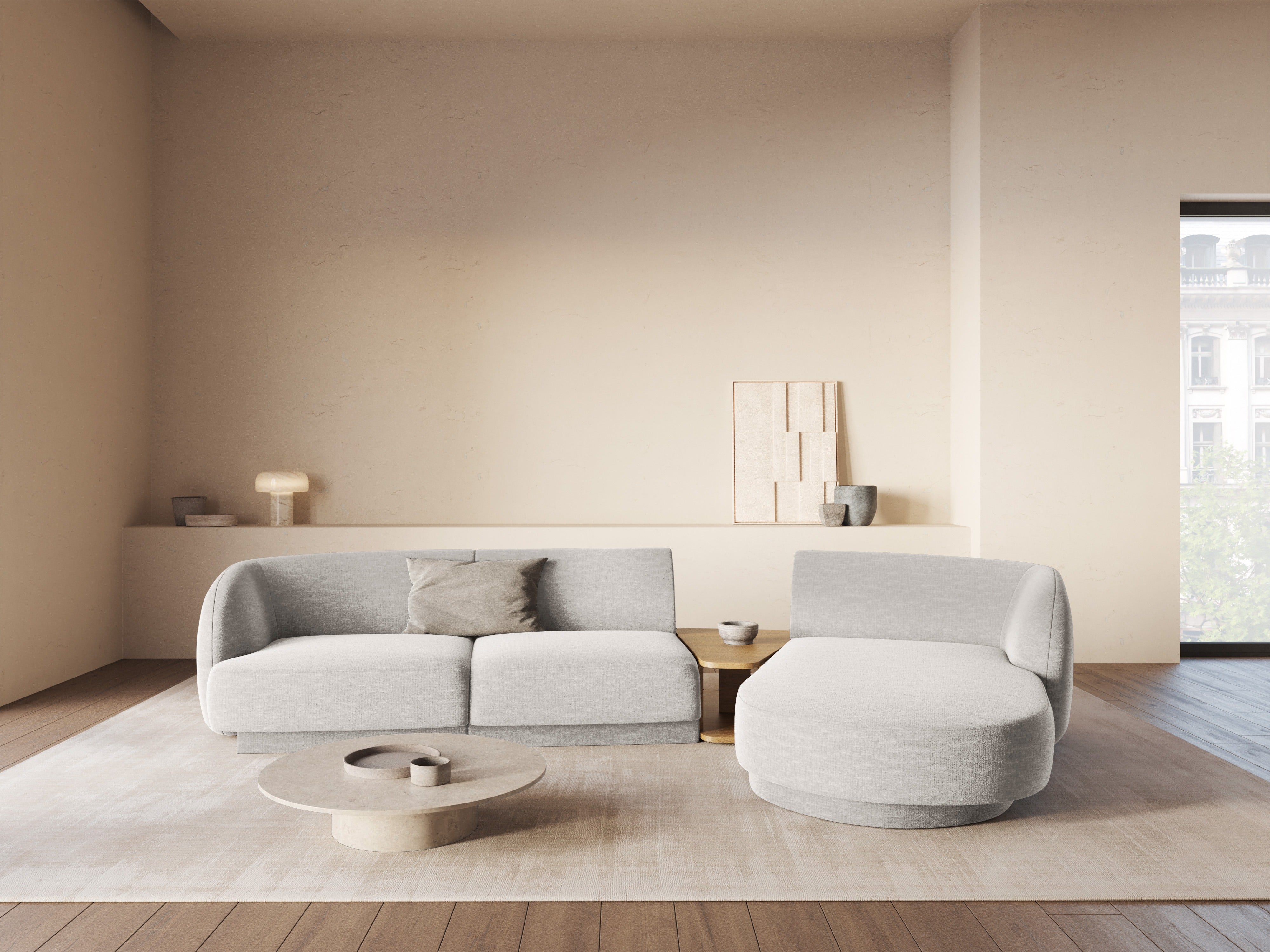 Modular corner sofa with table 3-seater right-hand MILEY light gray silky chenille
