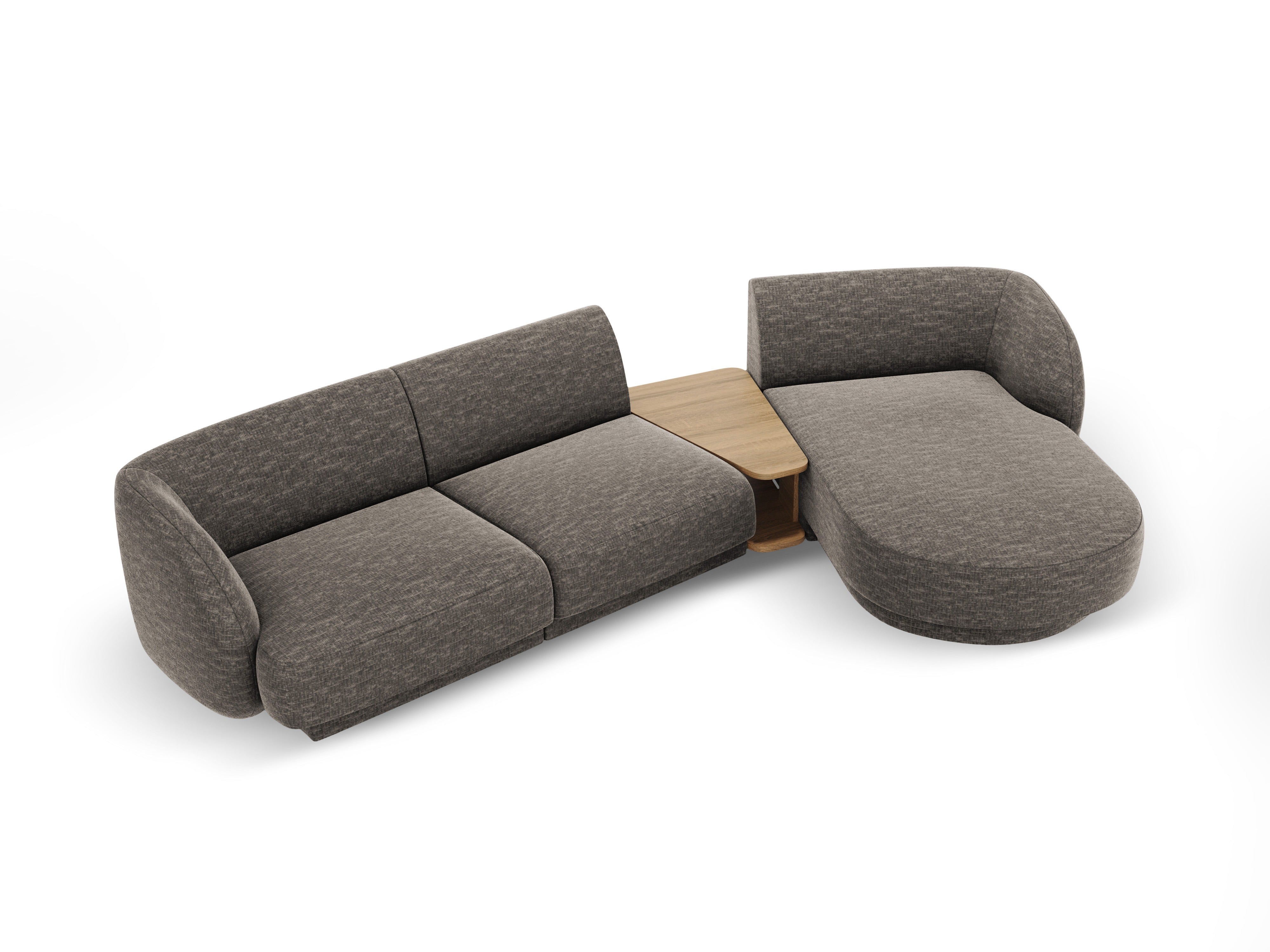 Modular corner sofa with table 3-seater right-sided MILEY gray chenille silky