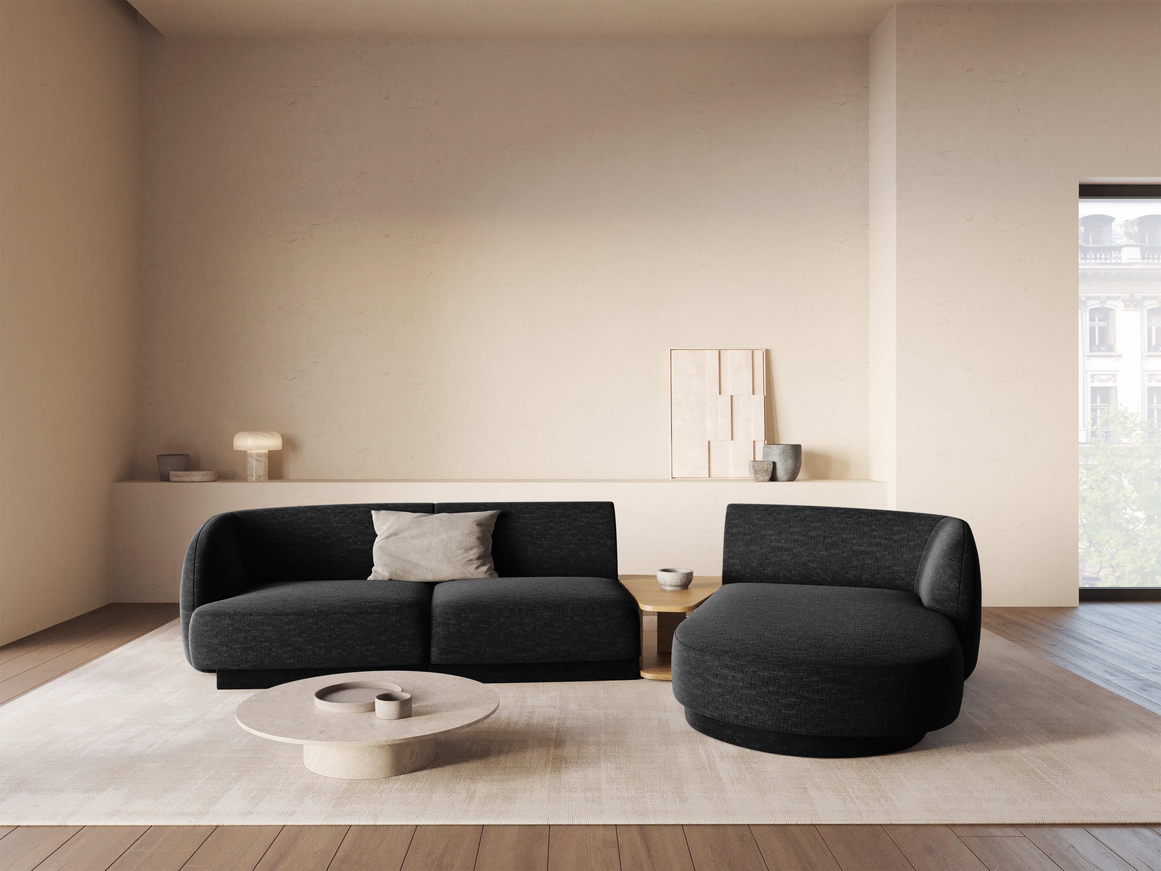 Modular corner sofa with table 3-seater right-hand MILEY black chenille silky