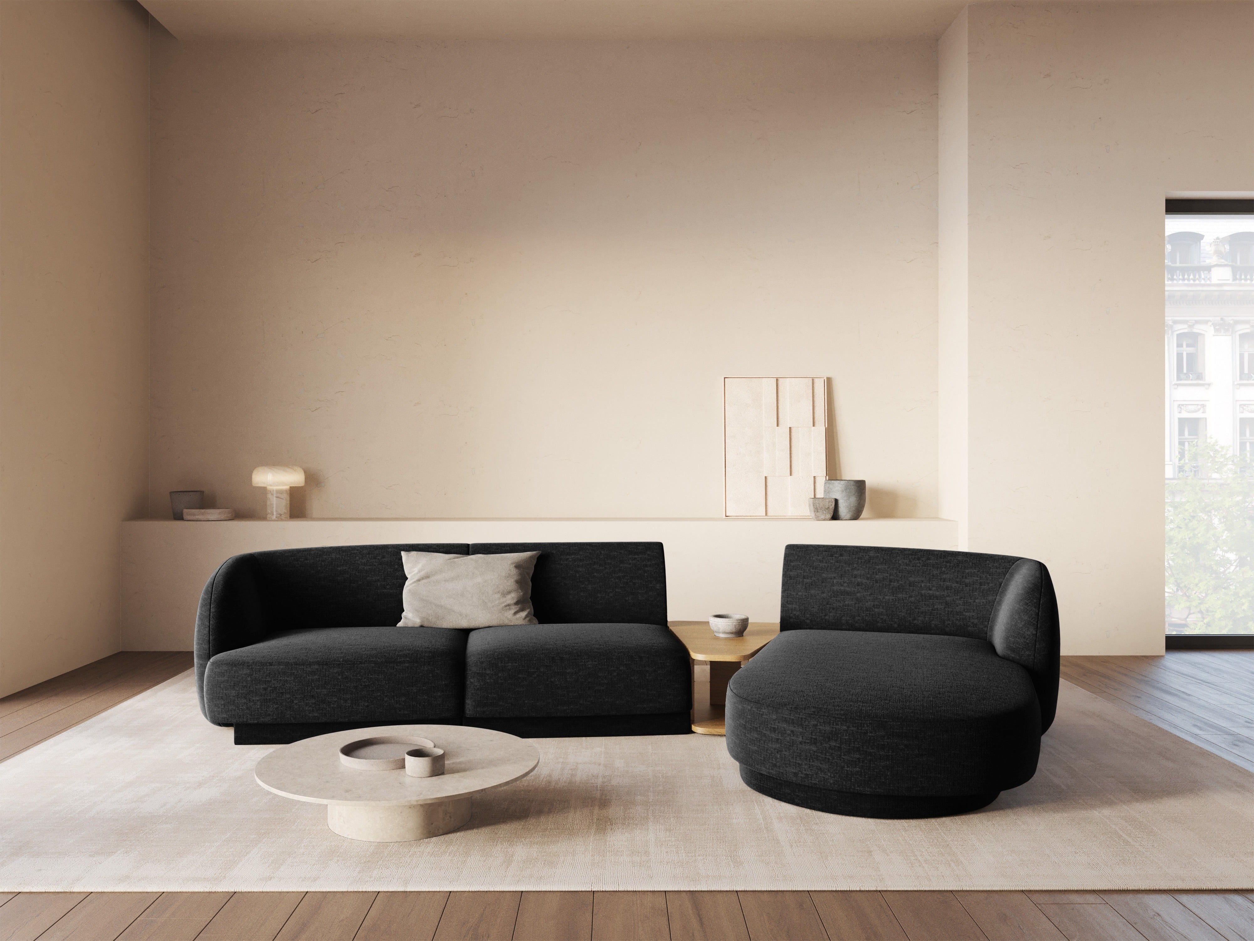 Modulares Ecksofa mit Tisch, 3-Sitzer, rechtsseitig, MILEY, schwarzer Chenille