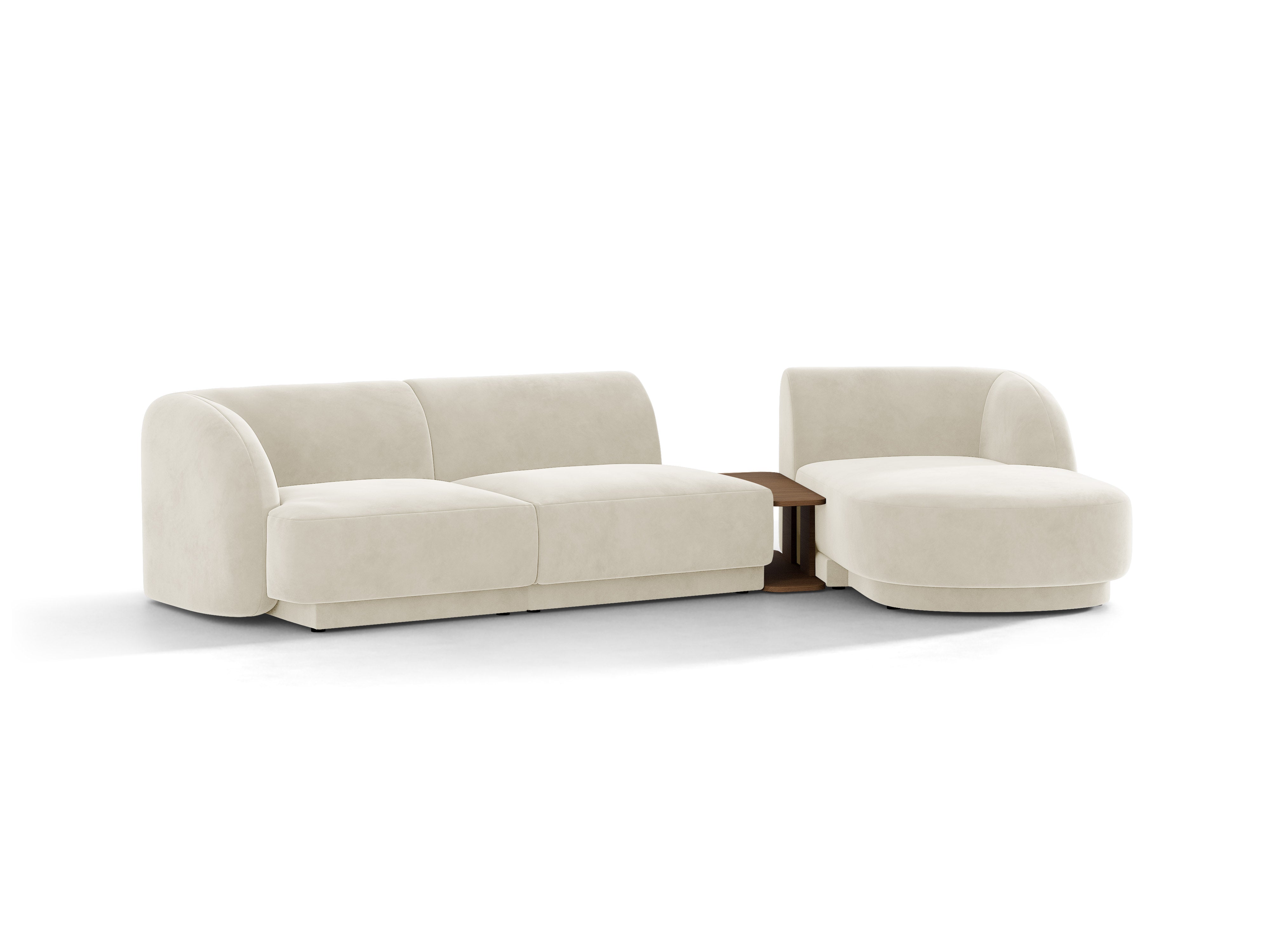 Modulares Ecksofa mit Tisch 3-Sitzer rechtsseitig samtig MILEY hellbeige