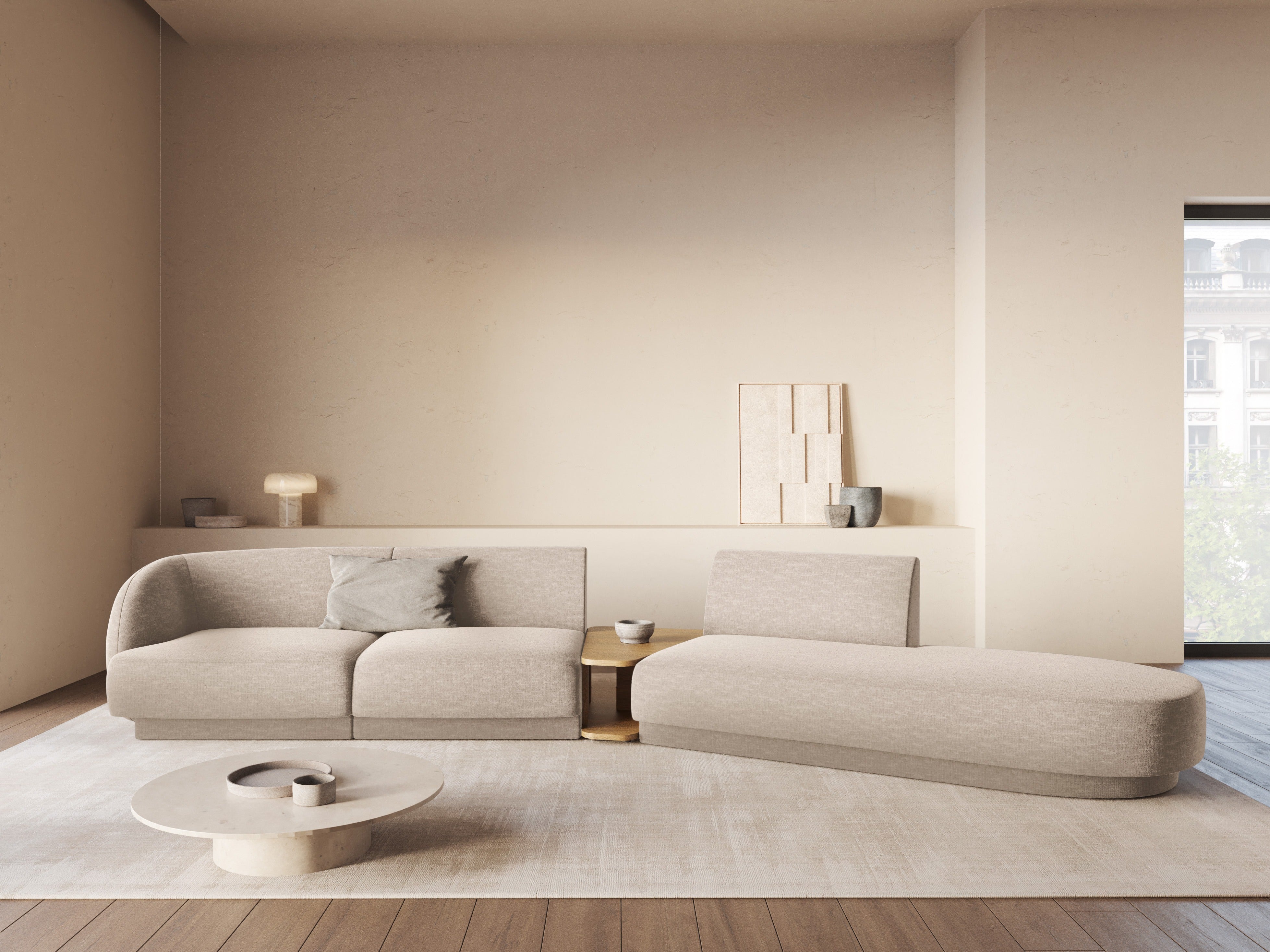 Right-facing modular sofa with table for 4 people MILEY beige silky chenille