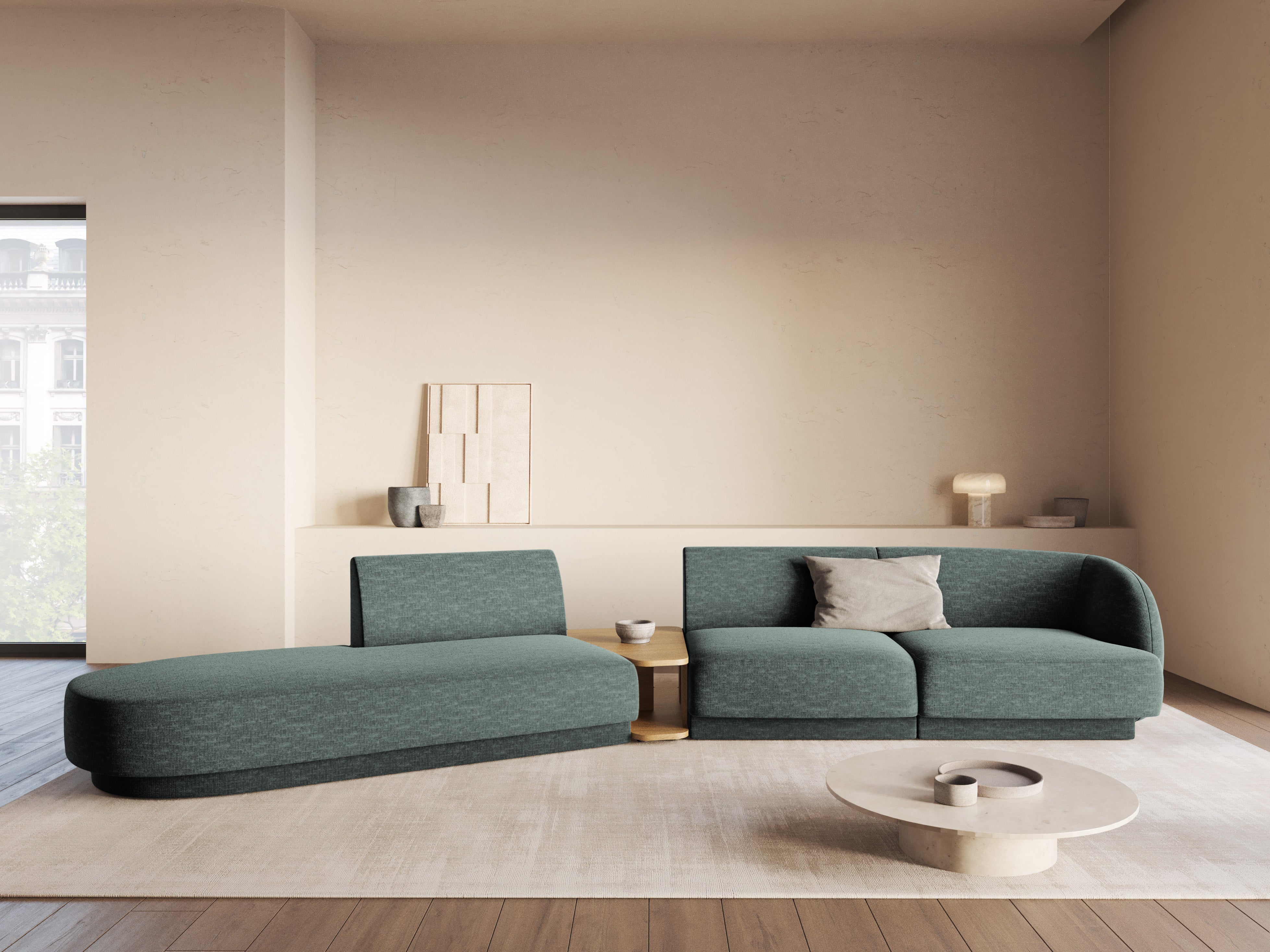 Modulares Sofa links mit Tisch für 4 Personen MILEY petrol samtig