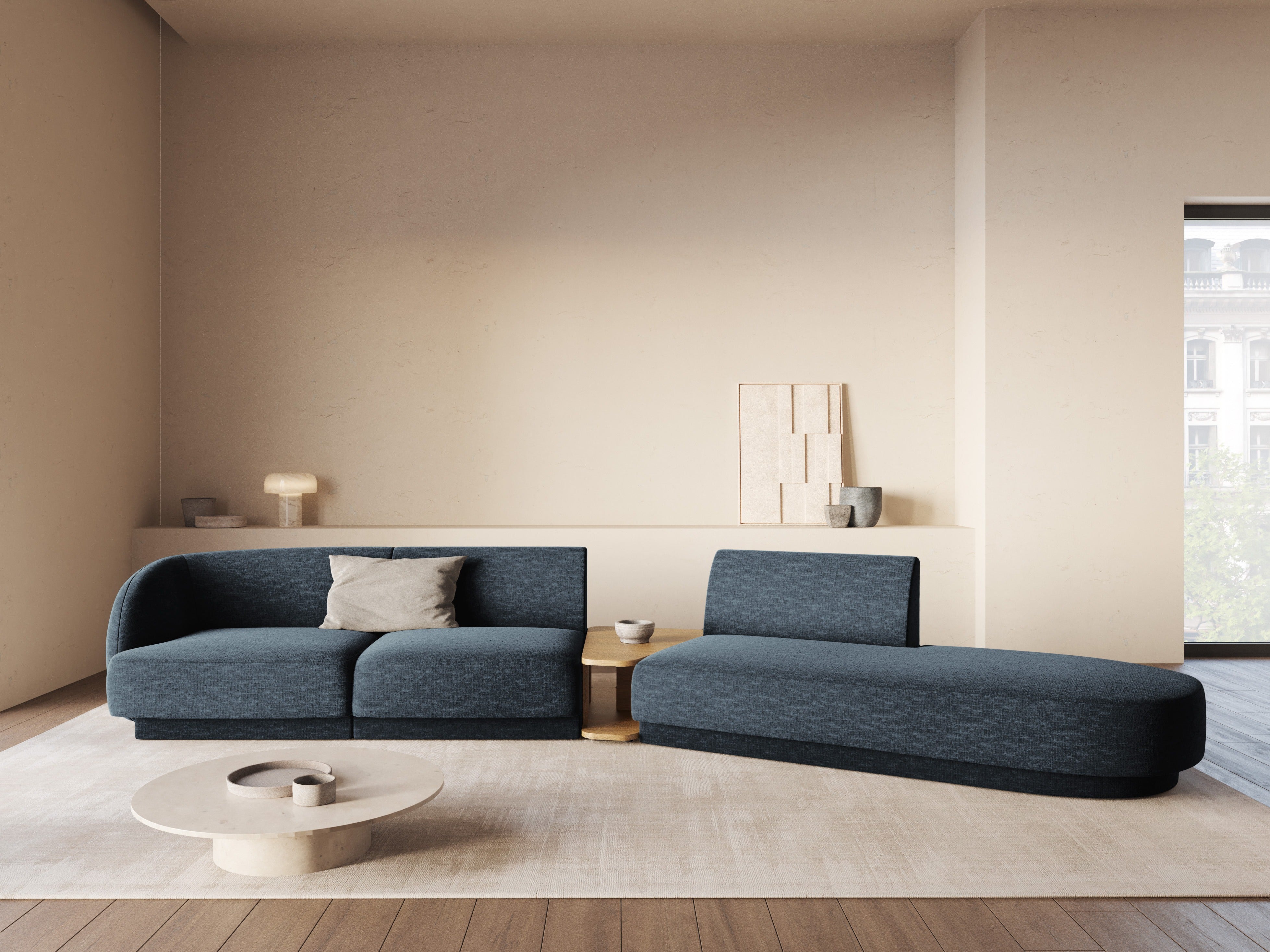 Right-facing modular sofa with table for 4 people MILEY royal blue silky chenille