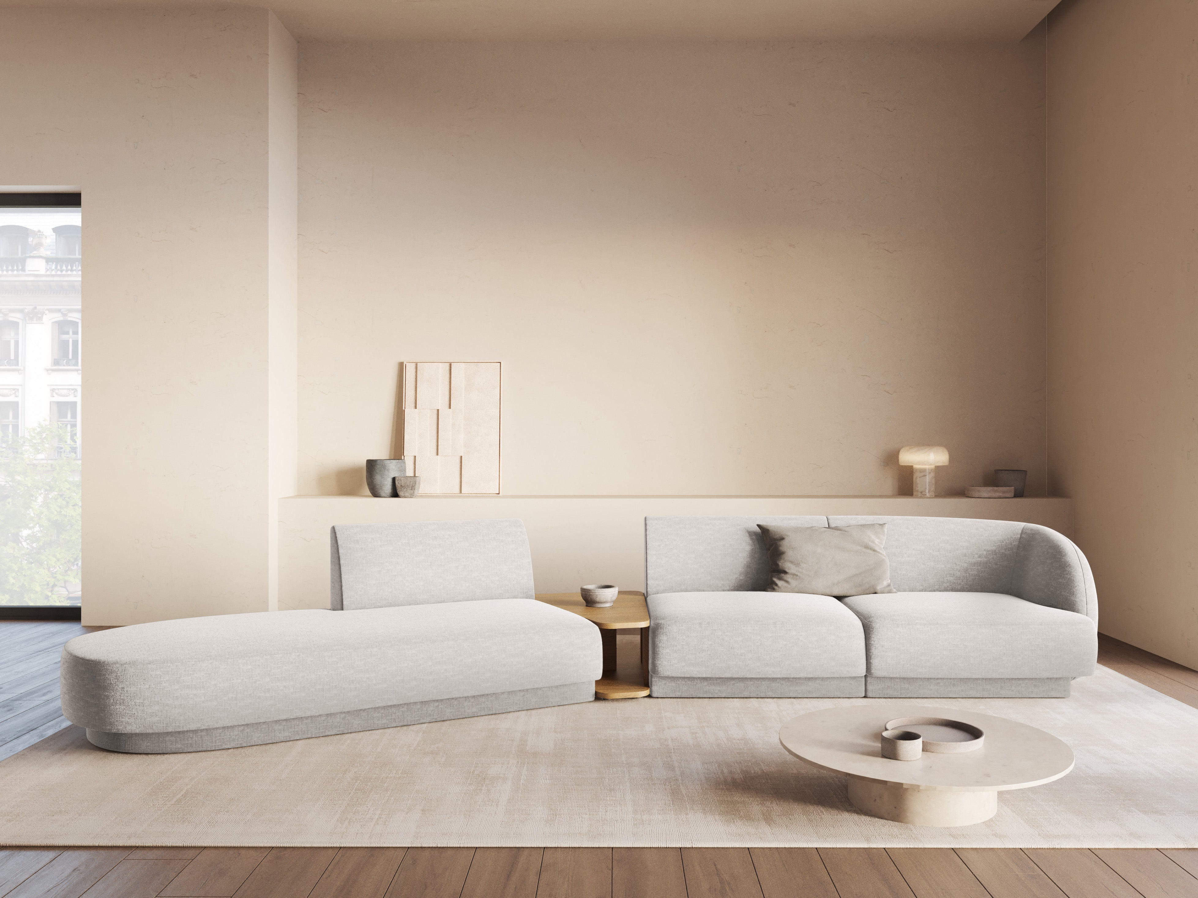 Modulares Sofa links mit Tisch für 4 Personen MILEY hellgraues, seidiges Chenille