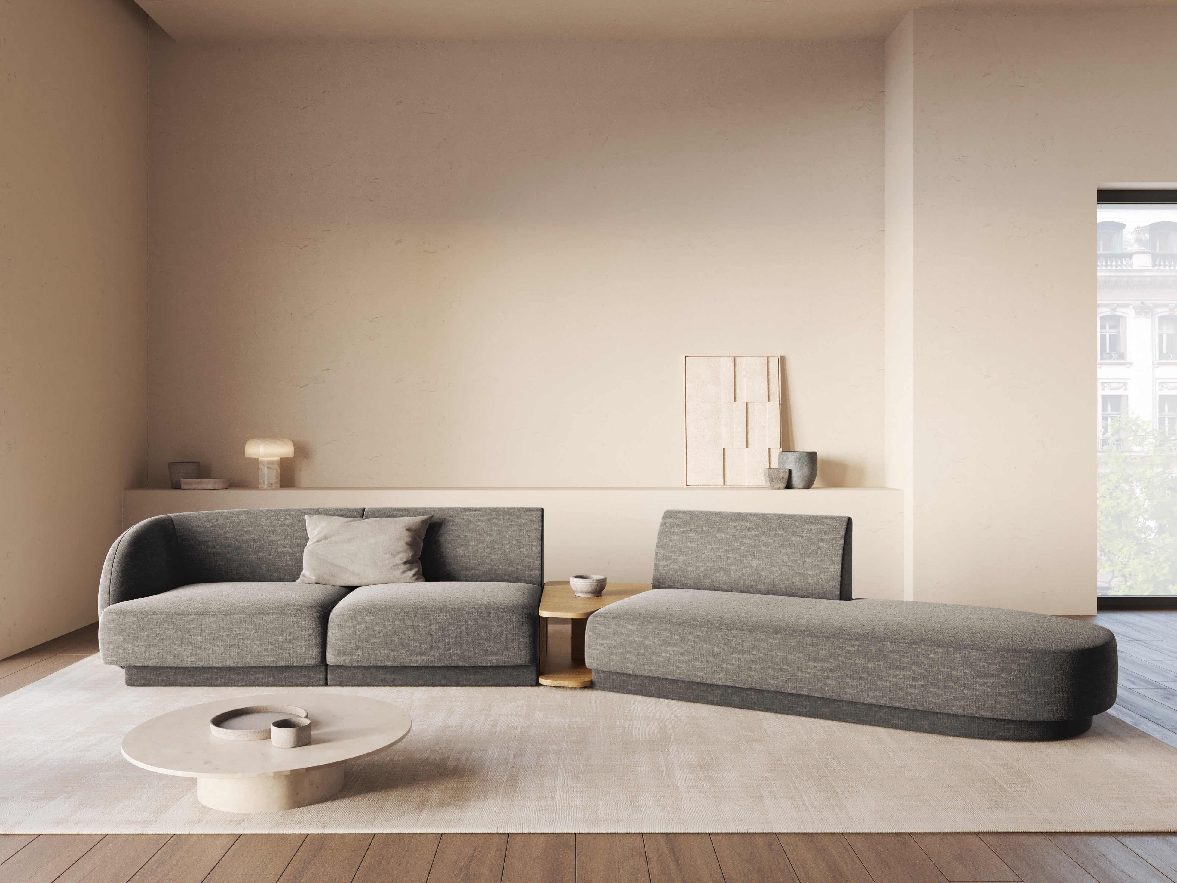 Right-facing modular sofa with table for 4 people MILEY gray silky chenille