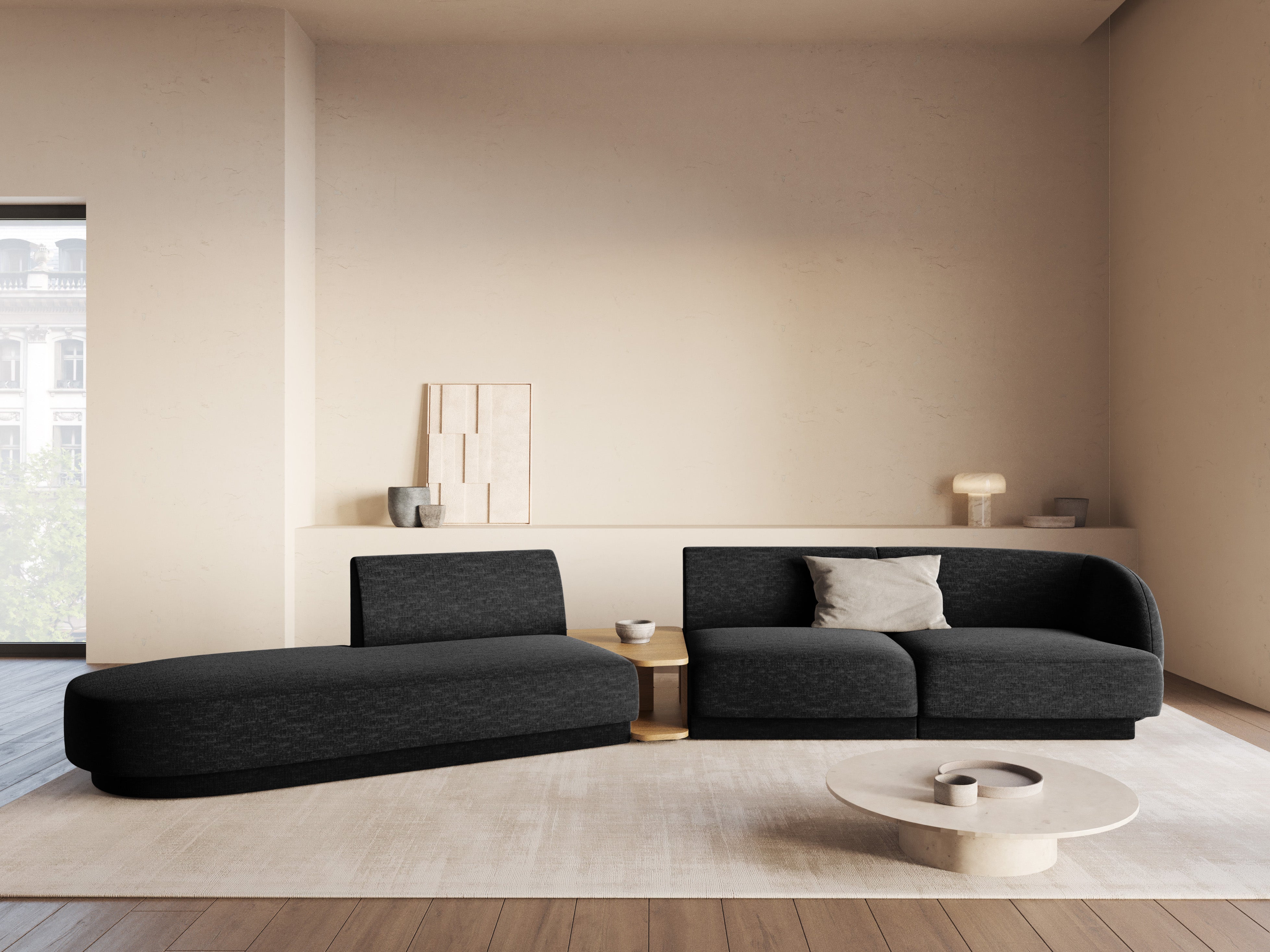Modulares Sofa links mit Tisch für 4 Personen MILEY schwarzes, seidig schimmerndes Chenille