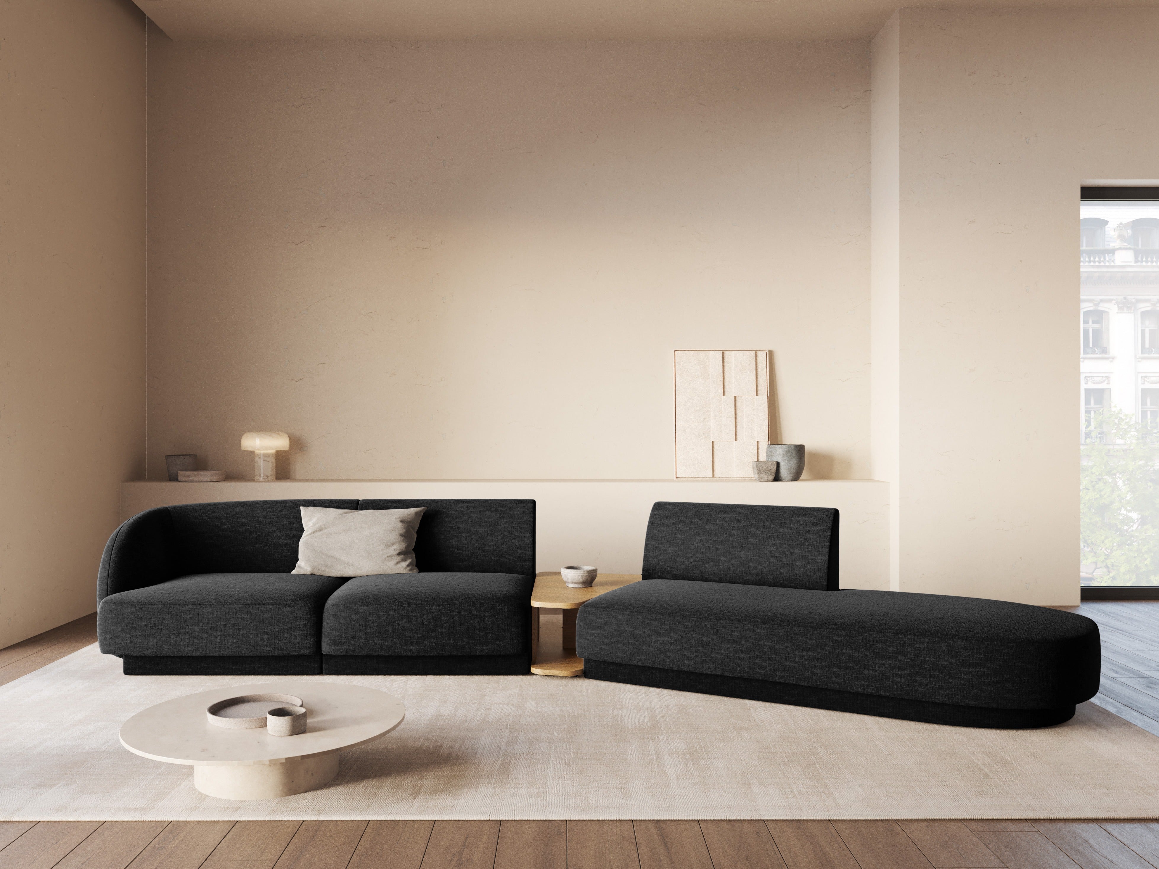 Right-facing modular sofa with table for 4 people MILEY black chenille silky