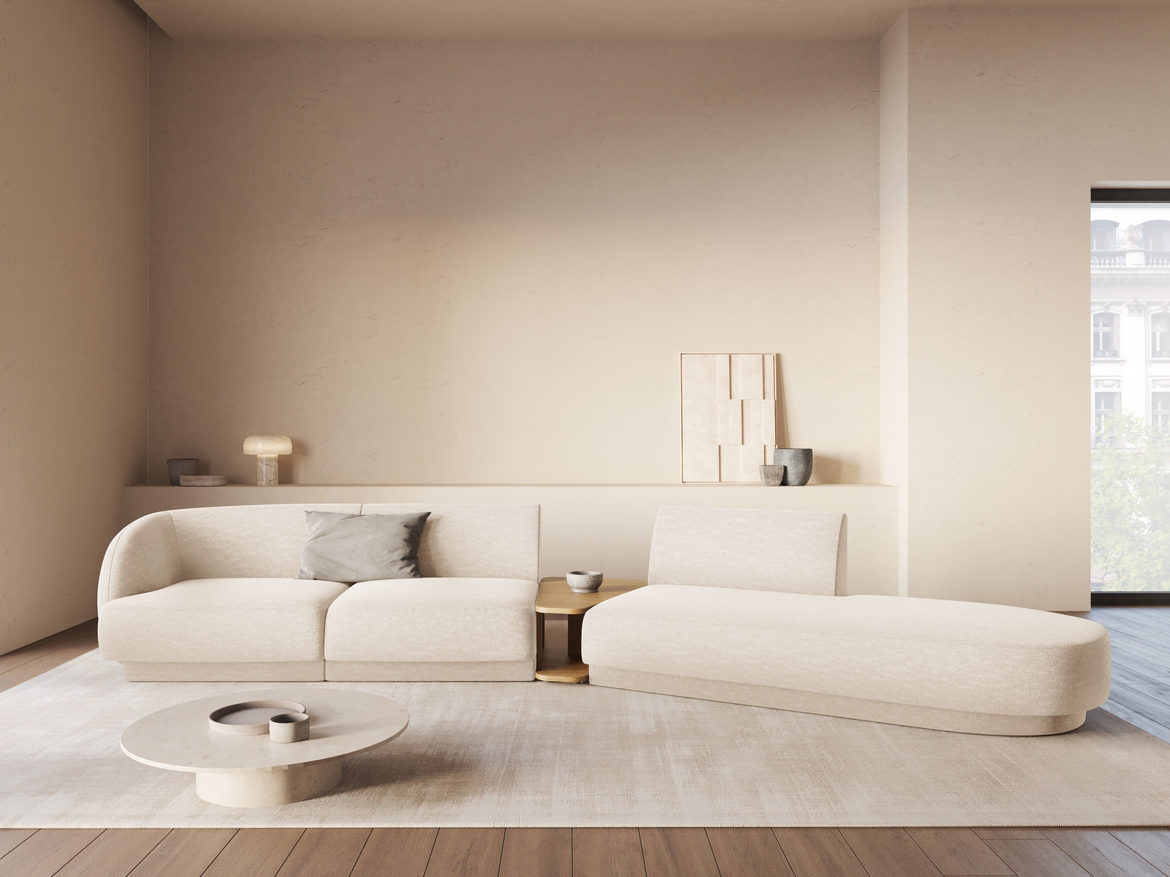 Right-facing modular sofa with table for 4 people MILEY ivory chenille