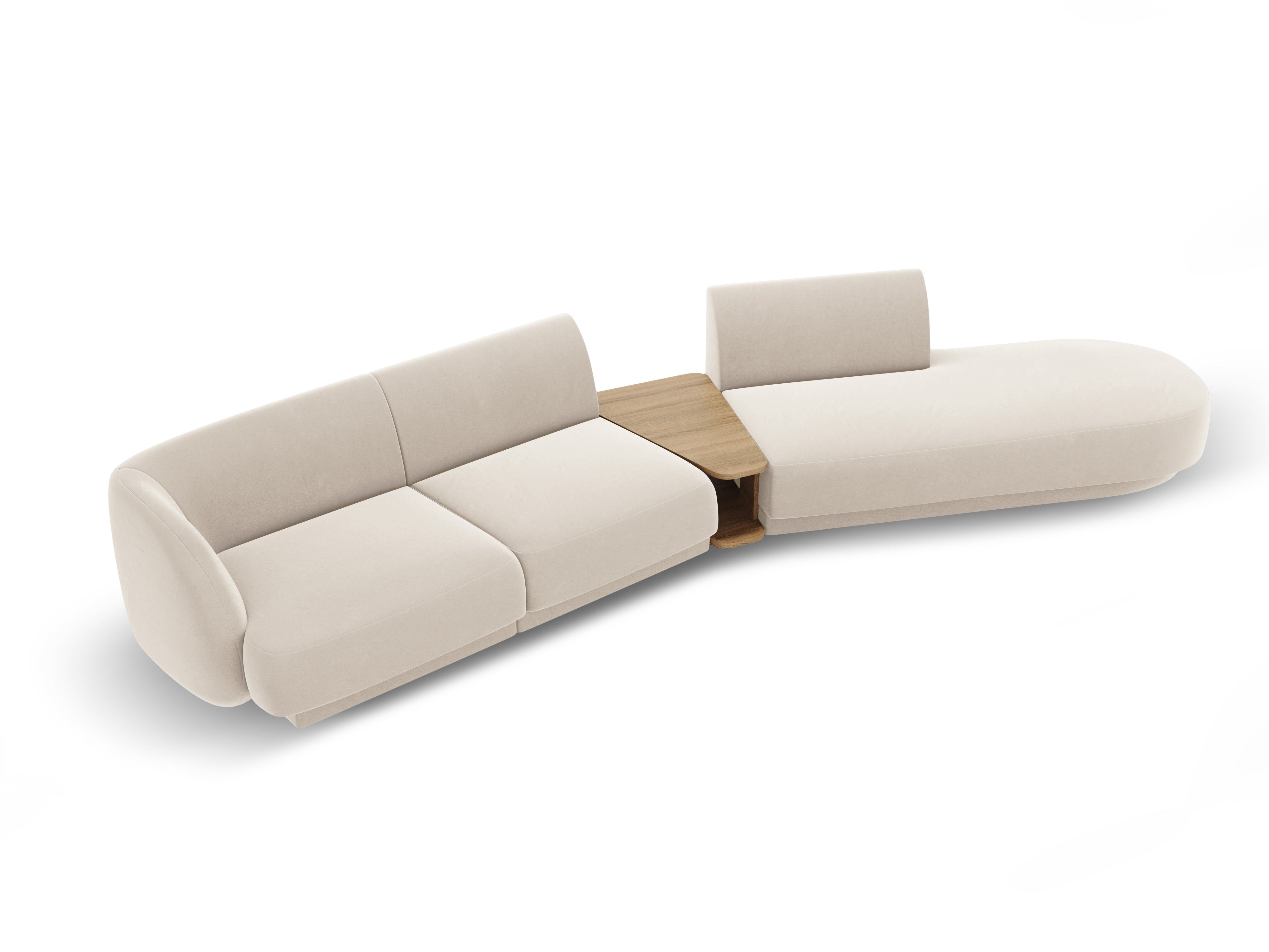 Right-facing modular sofa with table for 4 people in light beige velvet MILEY
