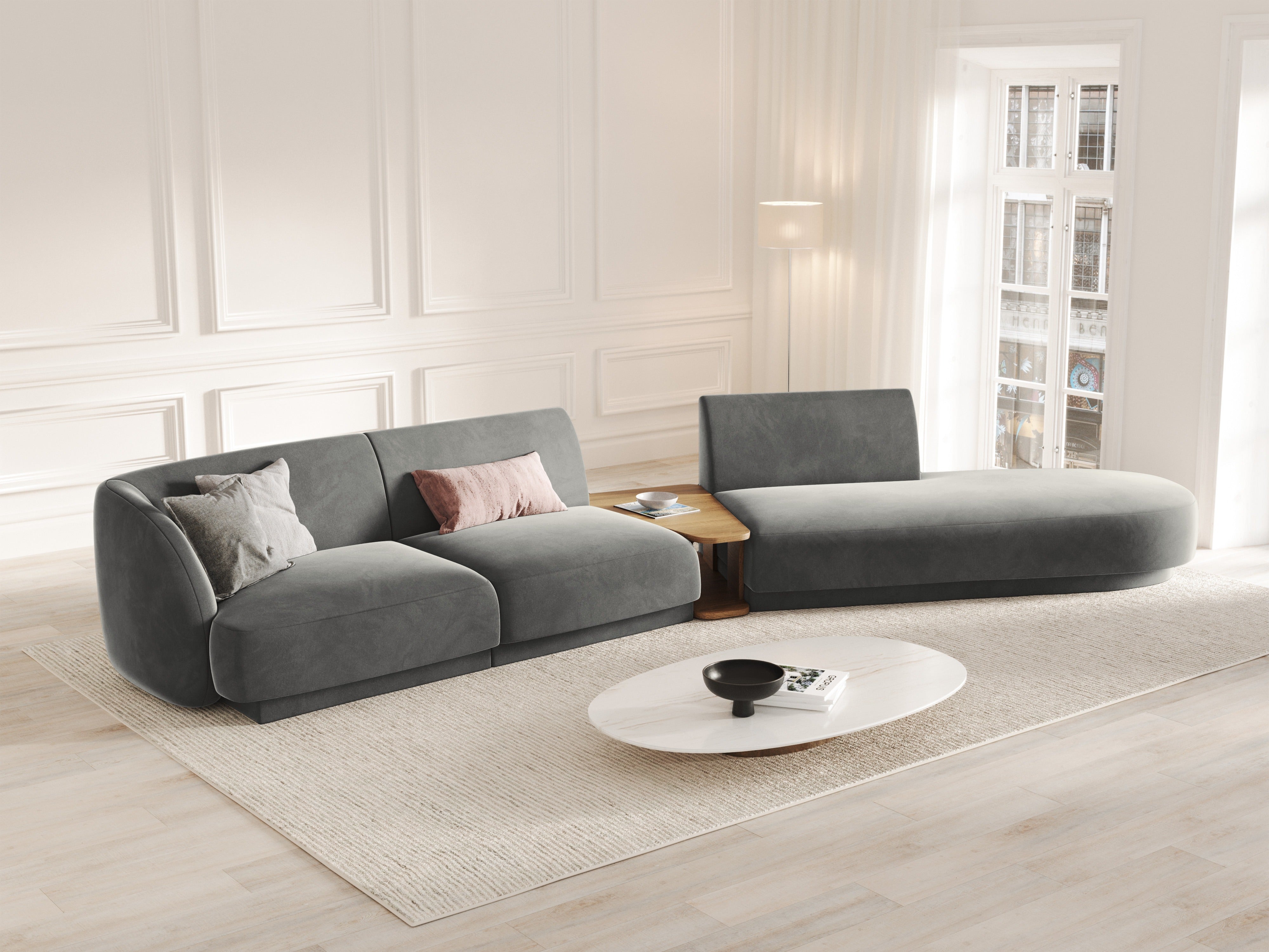 Modularsofa mit Tisch, 4-Sitzer, Samt MILEY, hellgrau