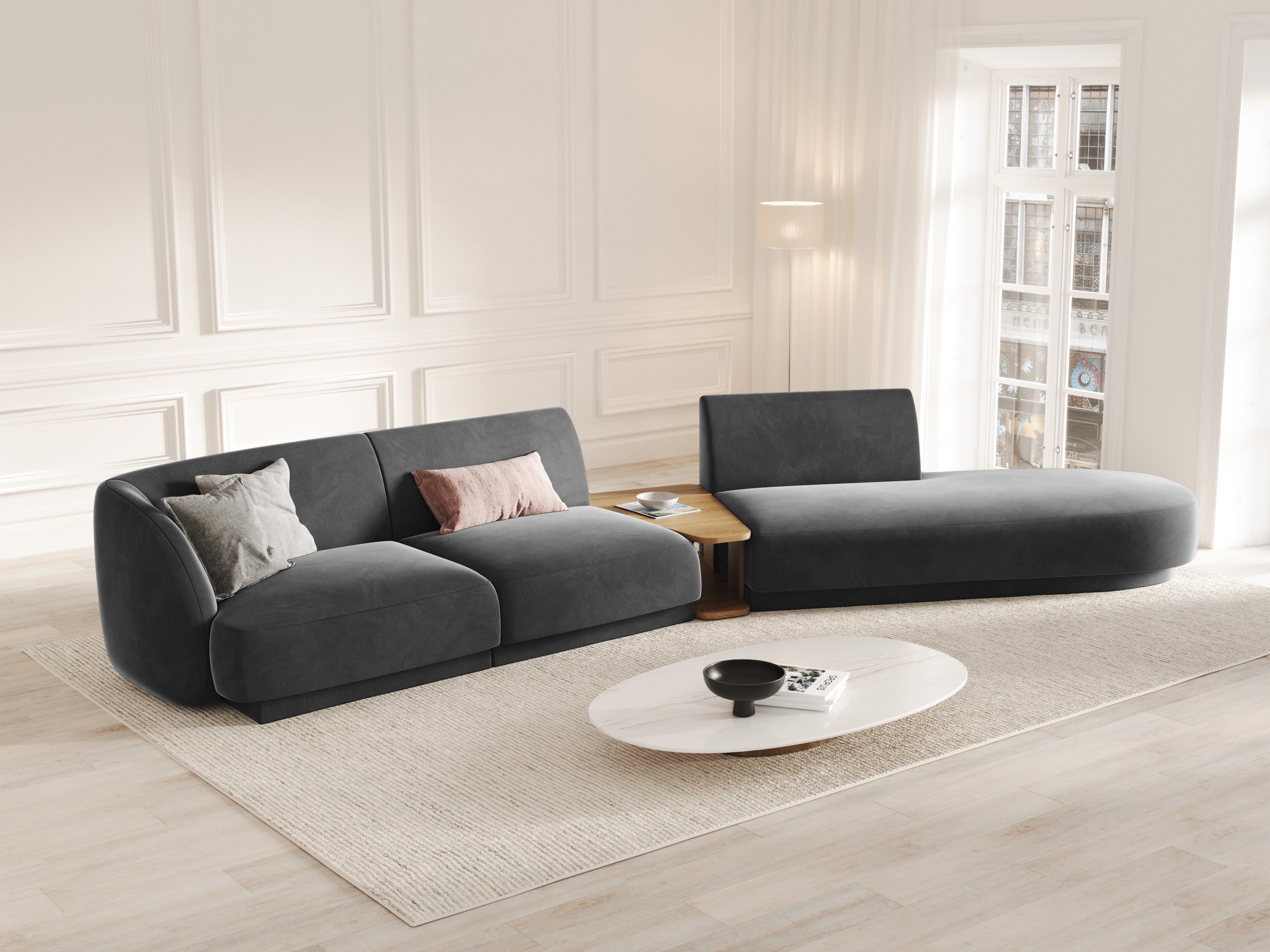 Modulares Sofa mit Tisch, 4-Sitzer, samt MILEY, grau