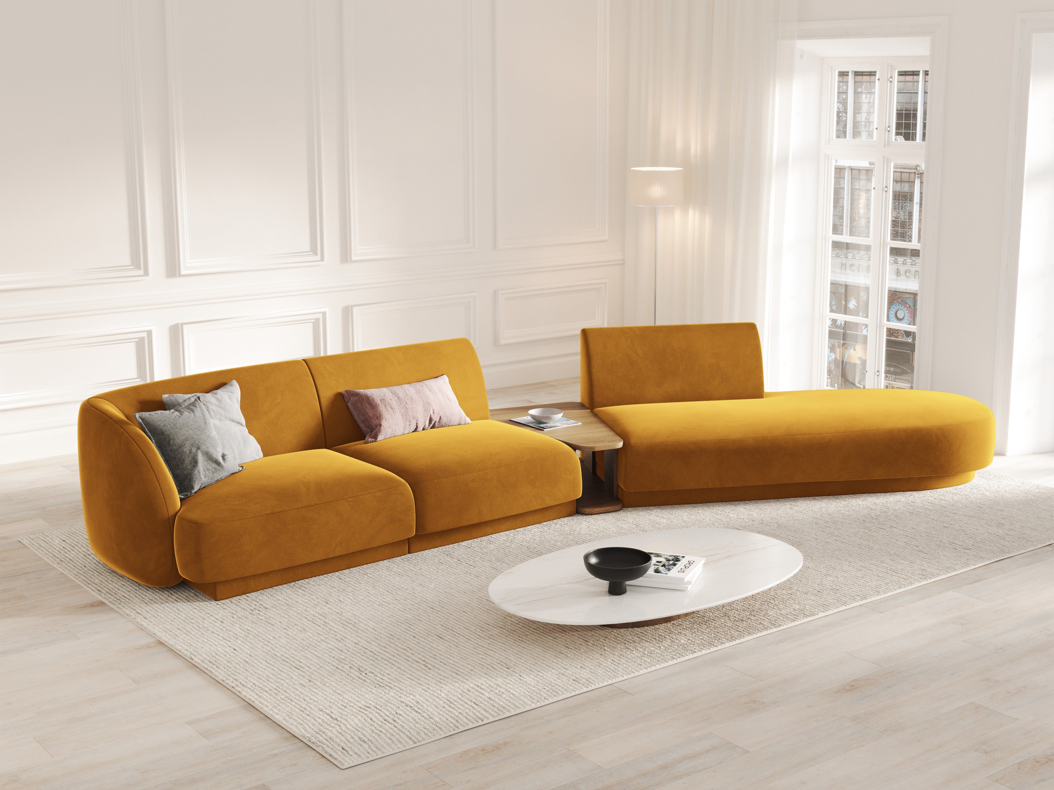 Right-facing modular sofa with table, 4-seater, velvet MILEY, yellow