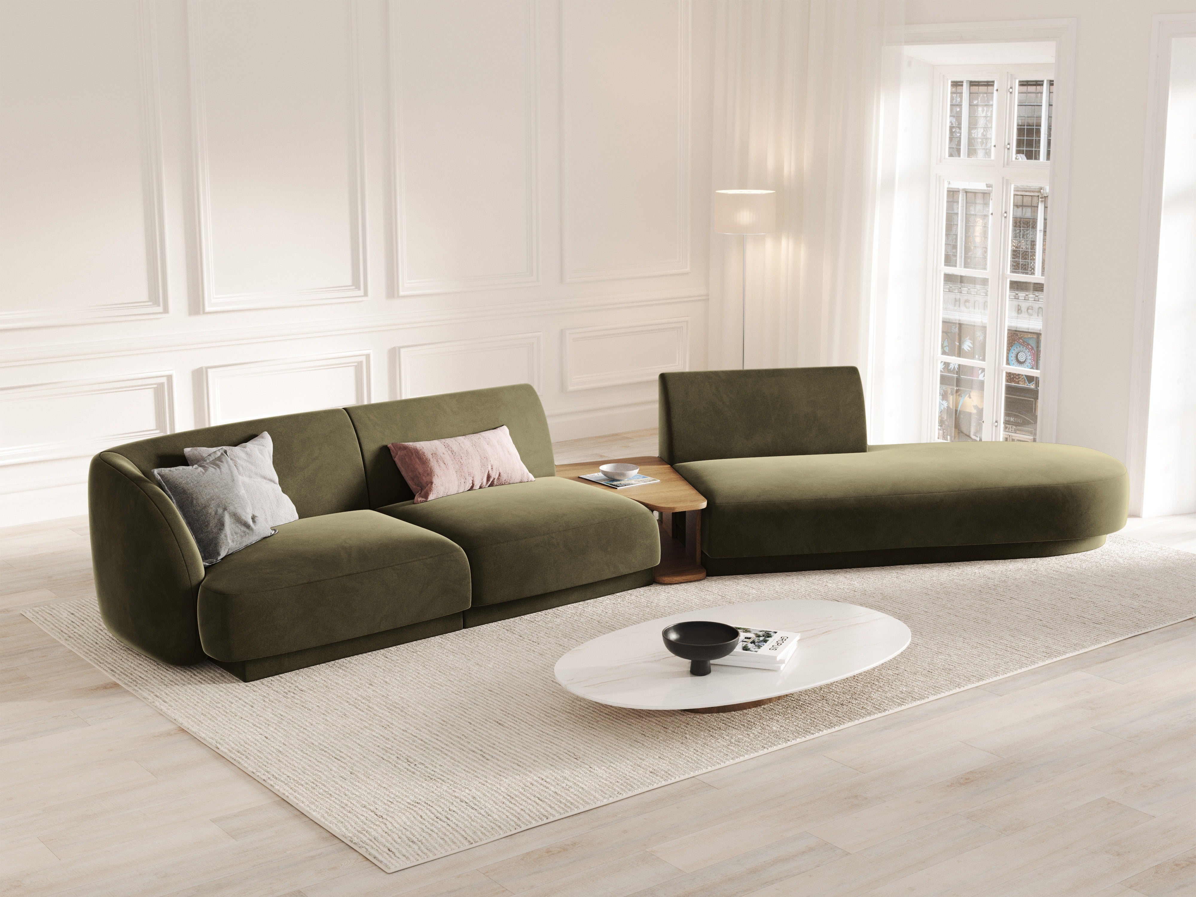 Right-facing modular sofa with table for 4 people, velvet MILEY green