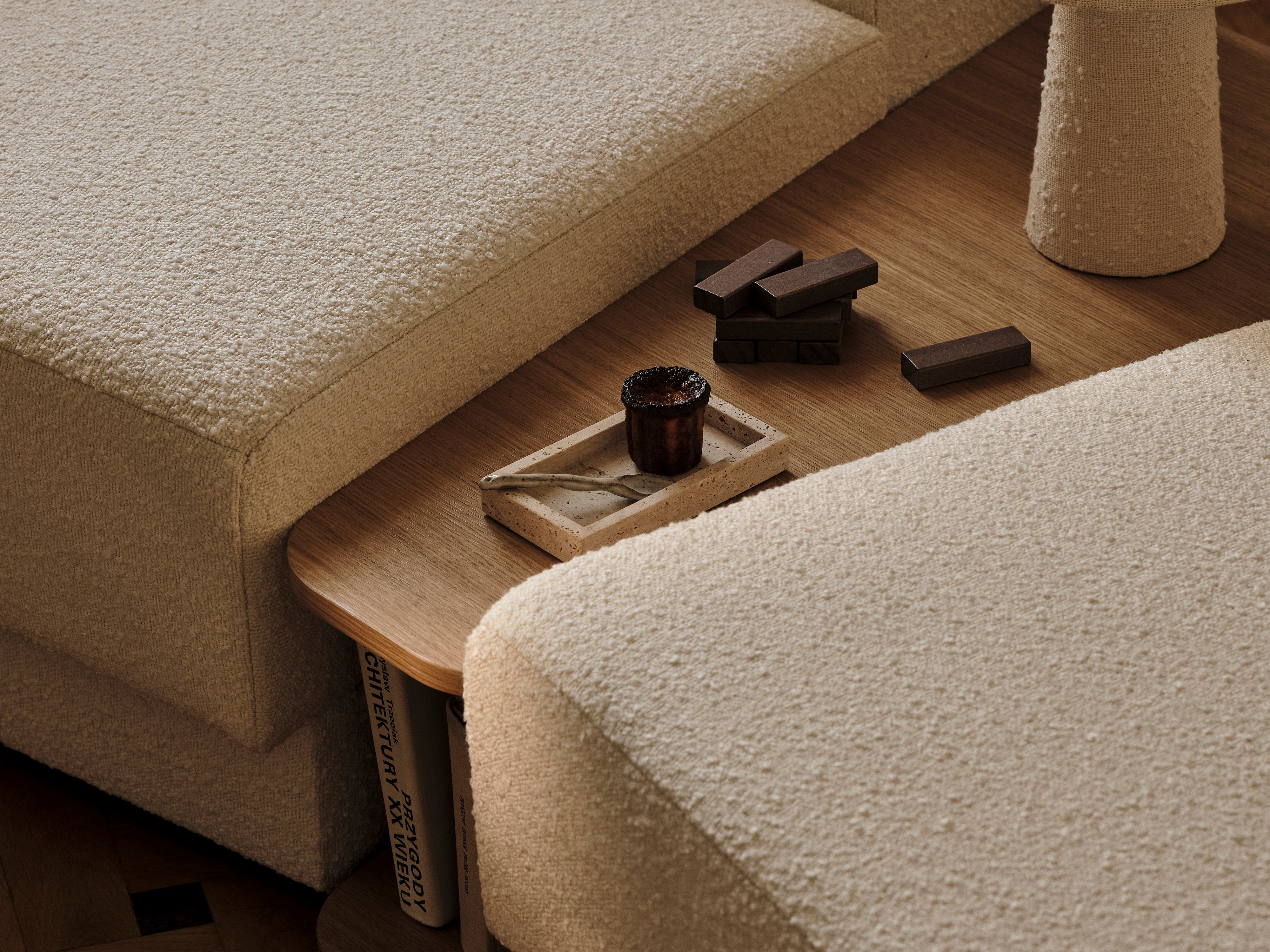 Modulares Ecksofa mit Tisch, 3-Sitzer, links, MILEY, grüne Boucle