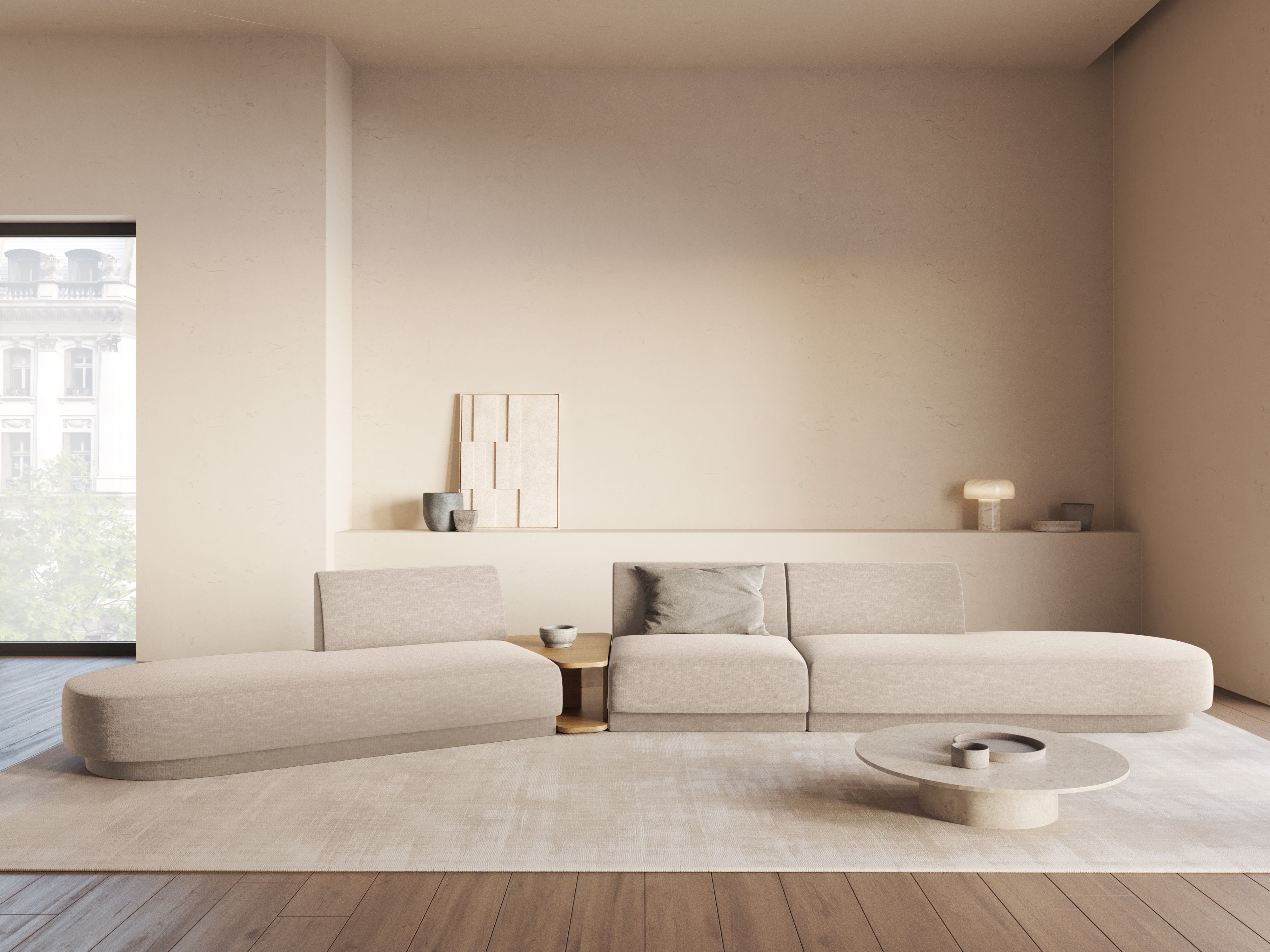 Left-sided modular sofa with table for 5 people MILEY beige silky chenille