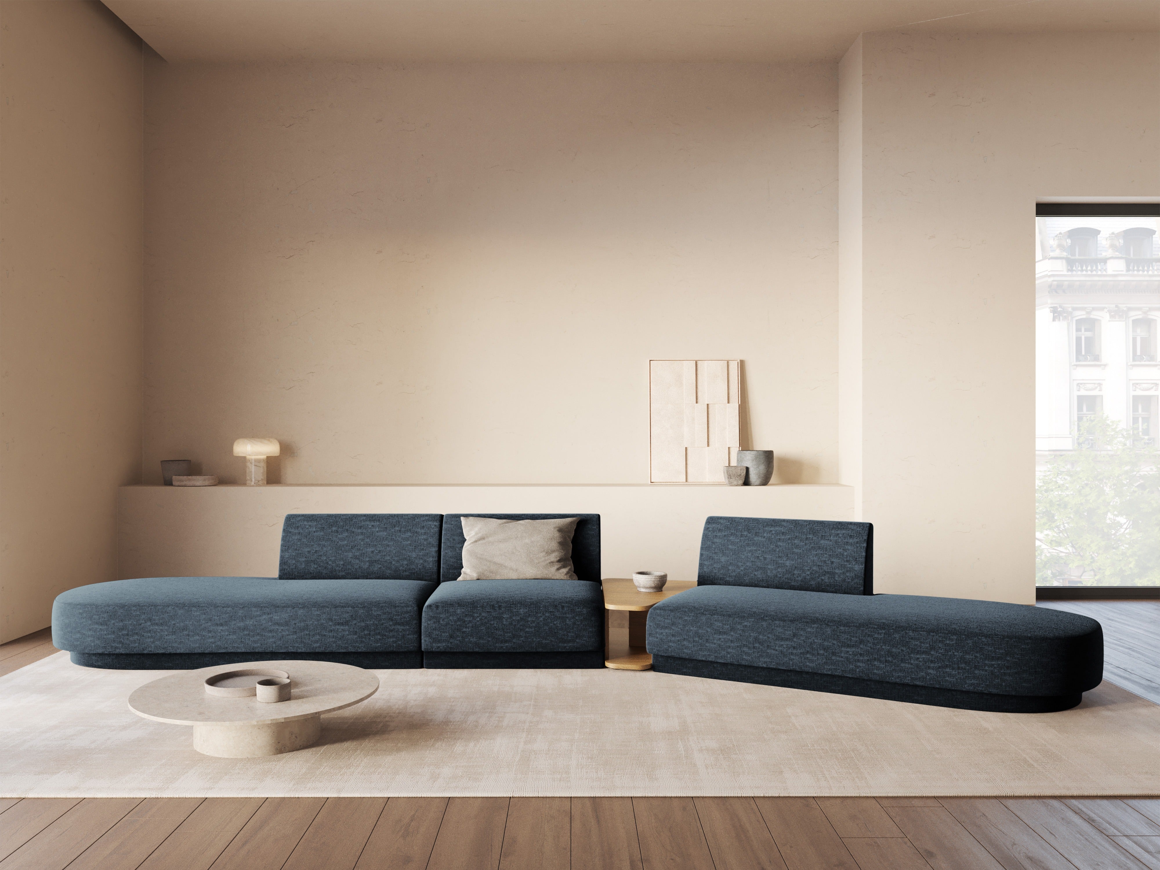 Right-facing modular sofa with table for 5 people MILEY royal blue silky chenille