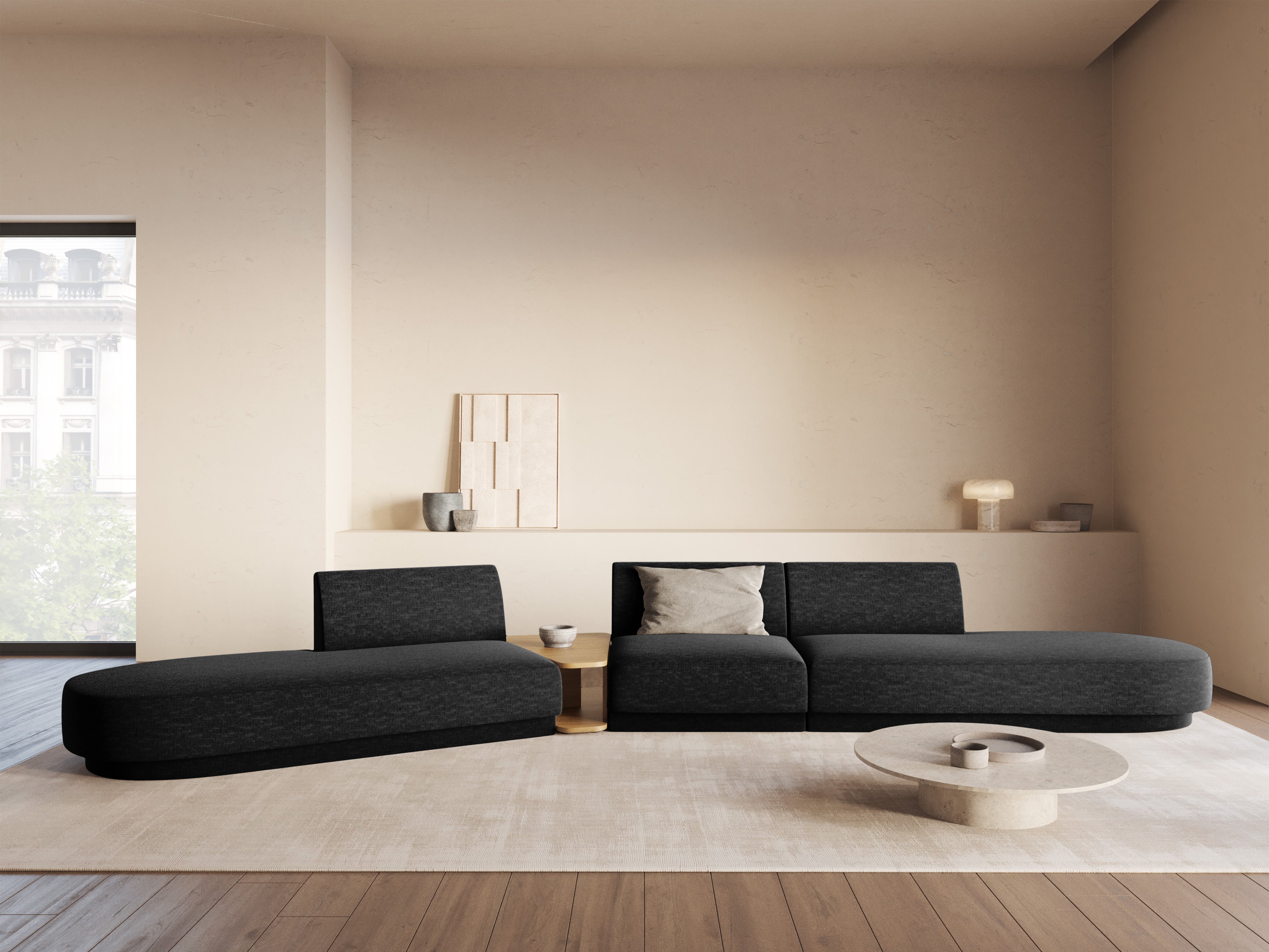 Left-sided modular sofa with table for 5 people MILEY black chenille silky