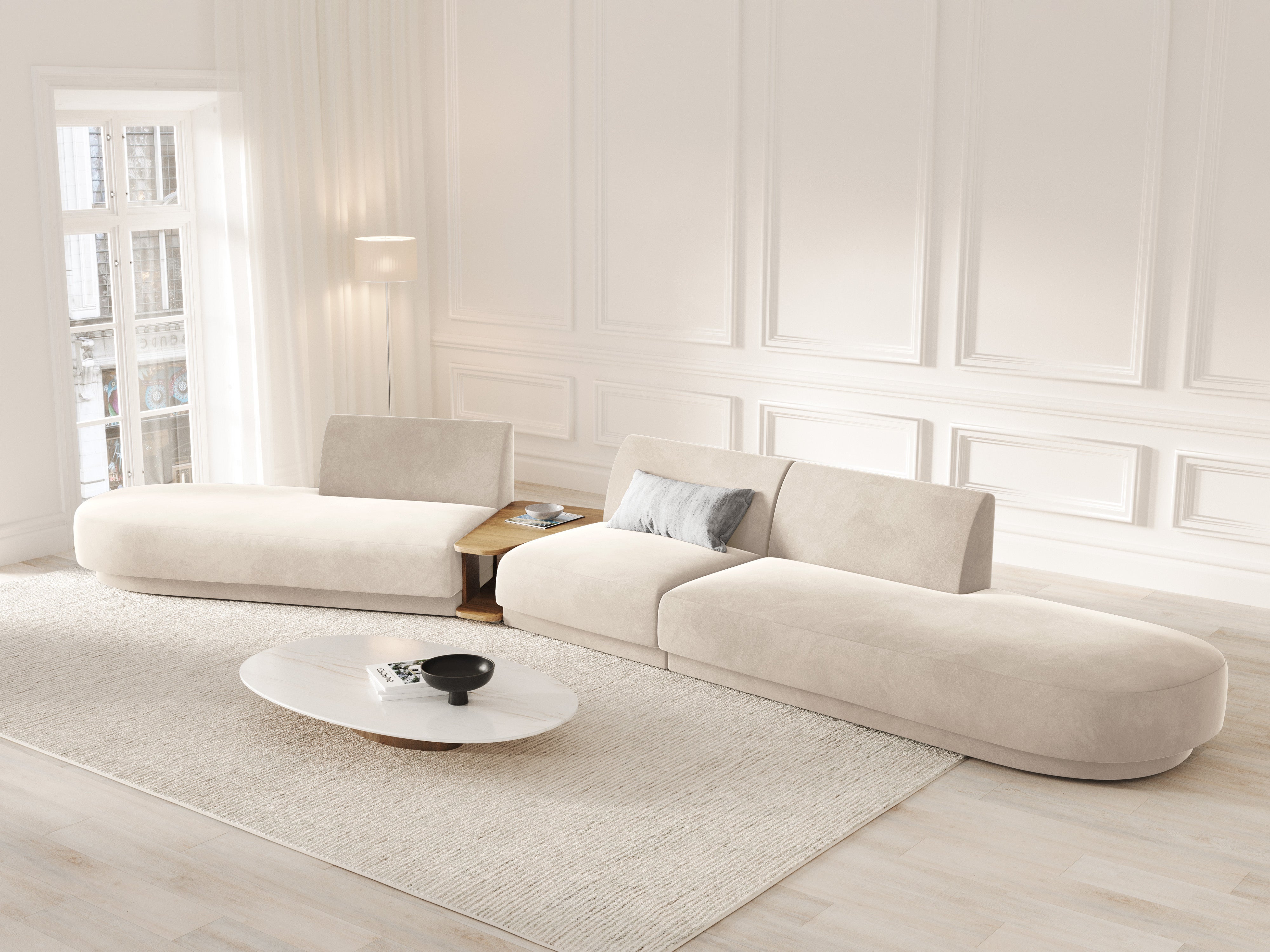 Left-sided modular sofa with table, 5-seater, velvet MILEY light beige