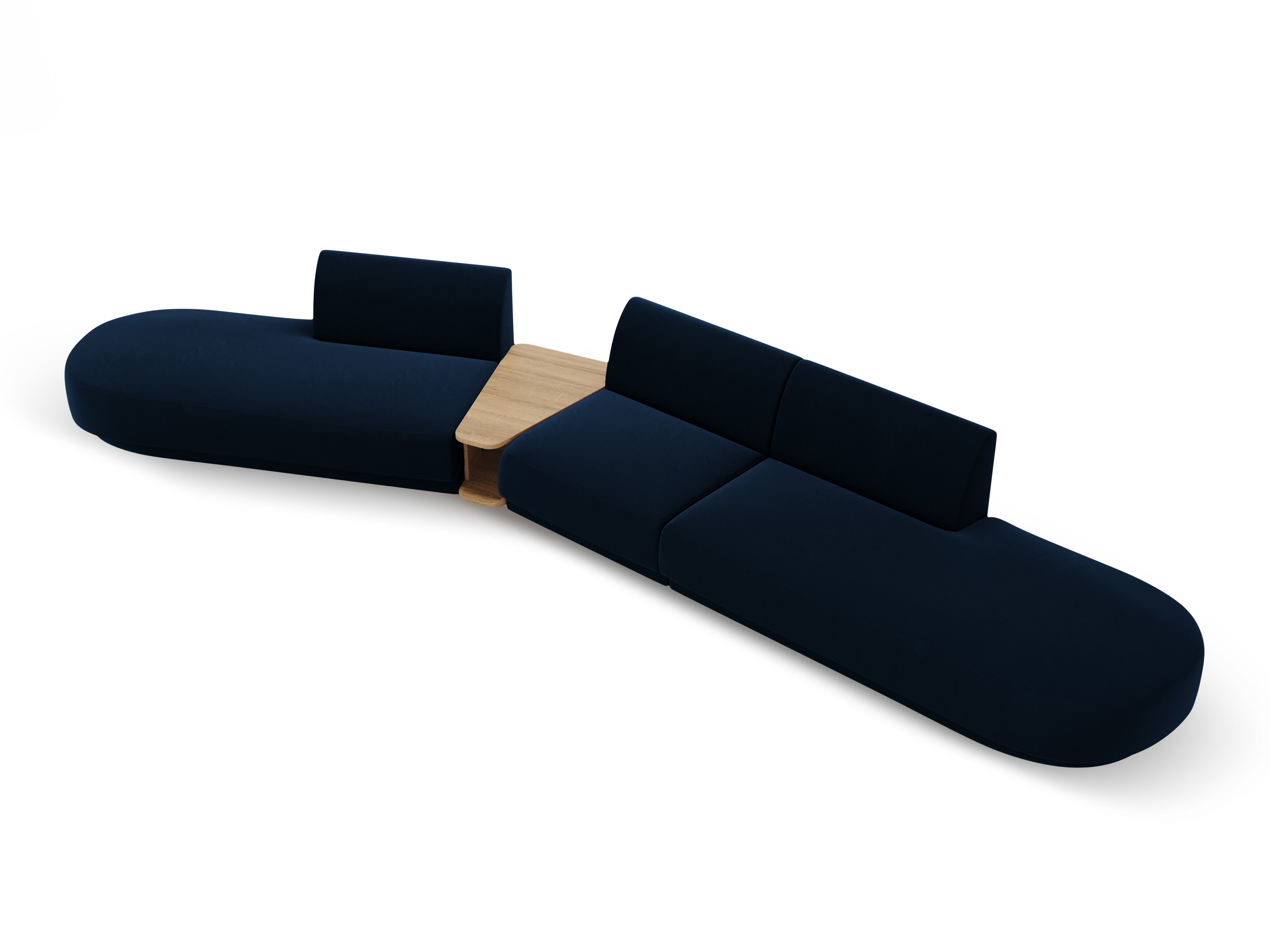 Left-facing modular sofa with table, 5-seater, velvet MILEY in royal blue